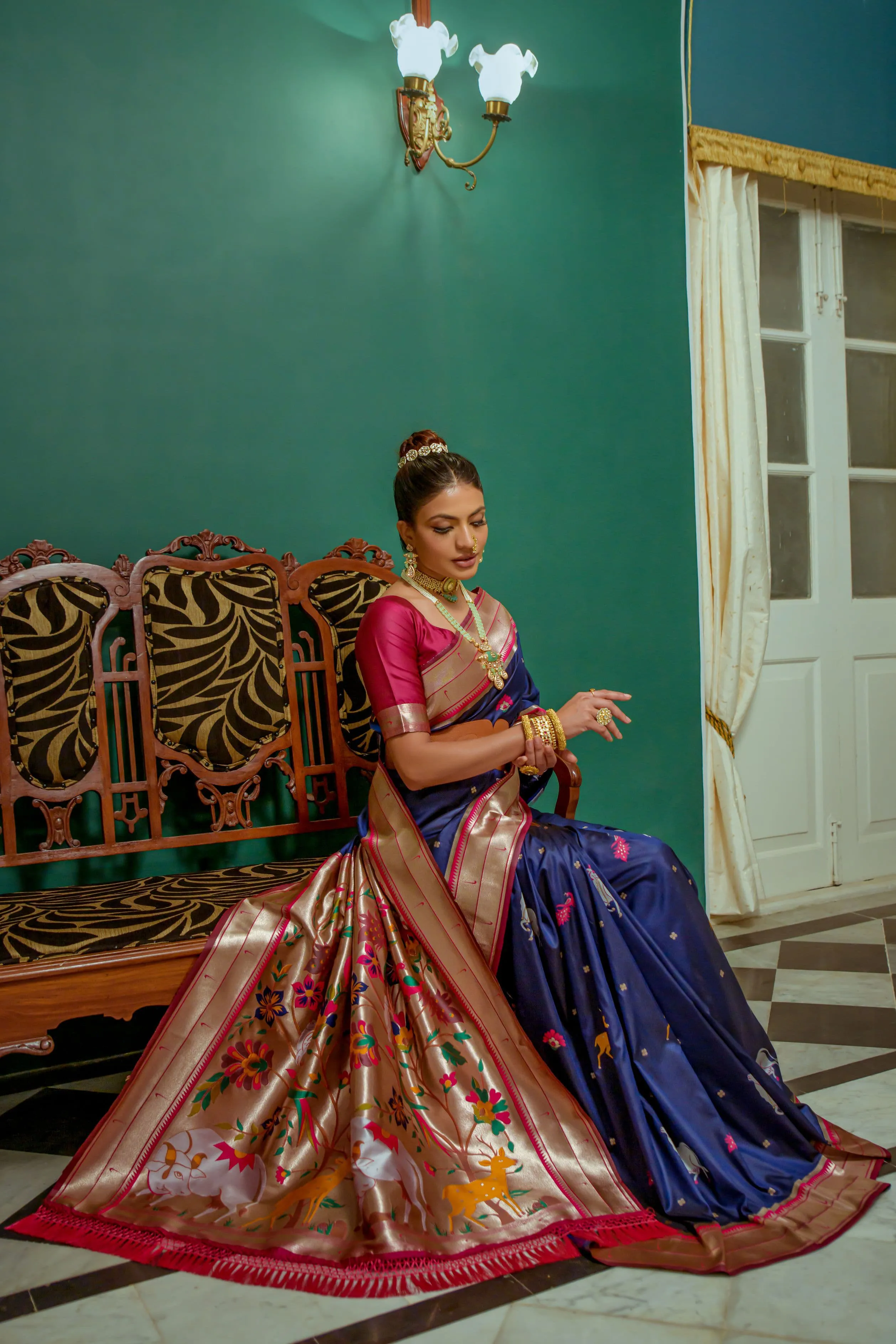 Beautiful Designer Navy Blue Paithani Silk Saree With Blouse