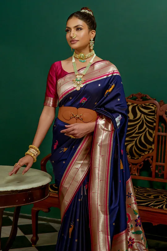 Beautiful Designer Navy Blue Paithani Silk Saree With Blouse