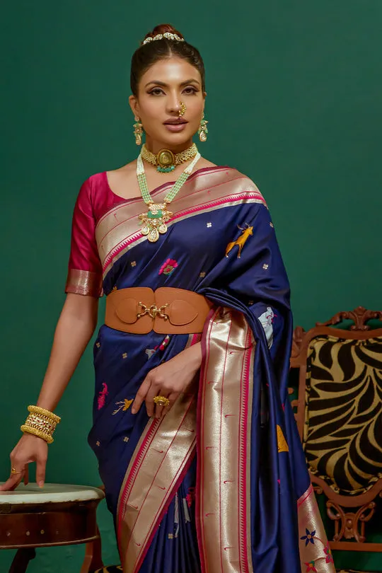Beautiful Designer Navy Blue Paithani Silk Saree With Blouse