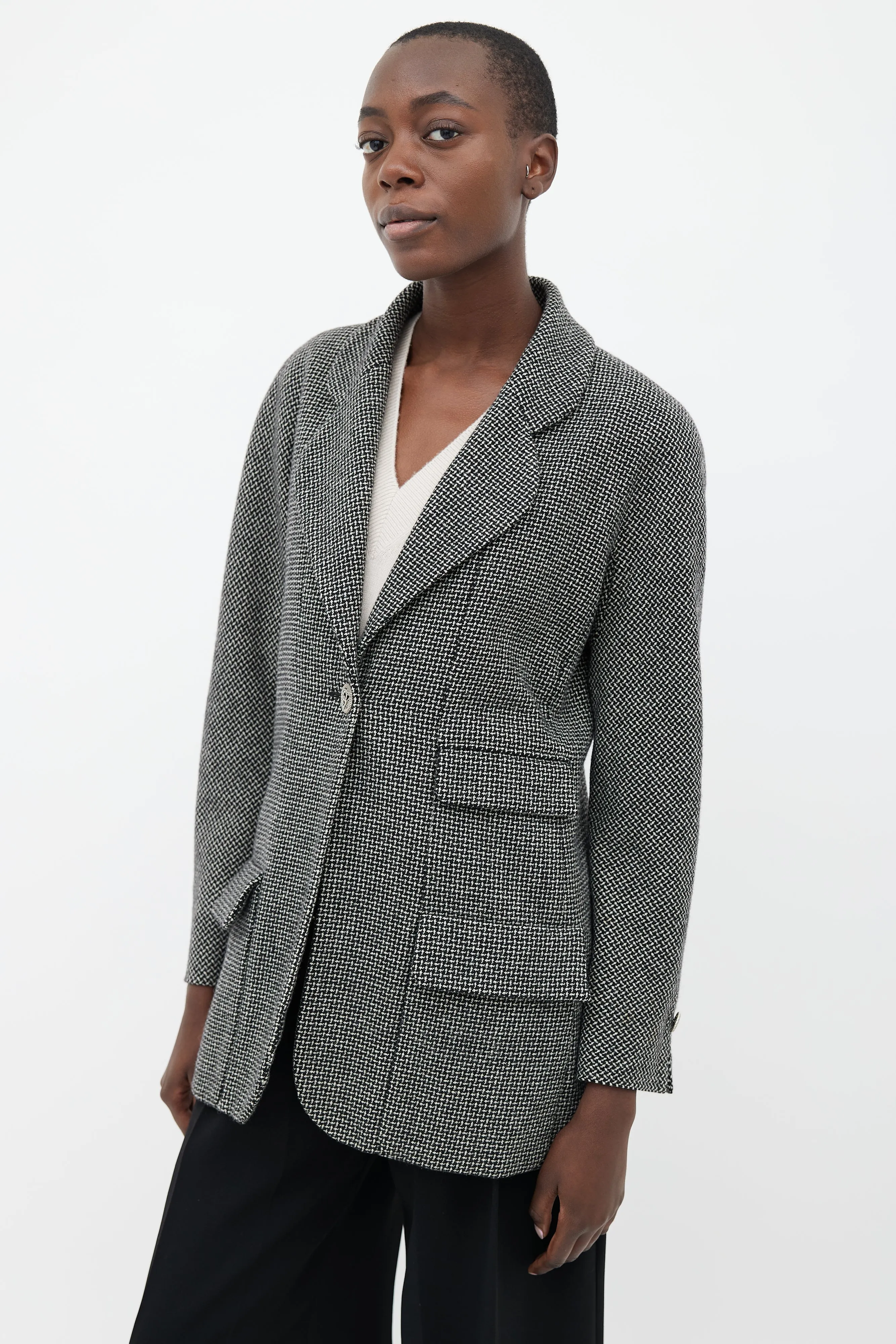 Black & Cream Wool Three Pocket Tweed Blazer
