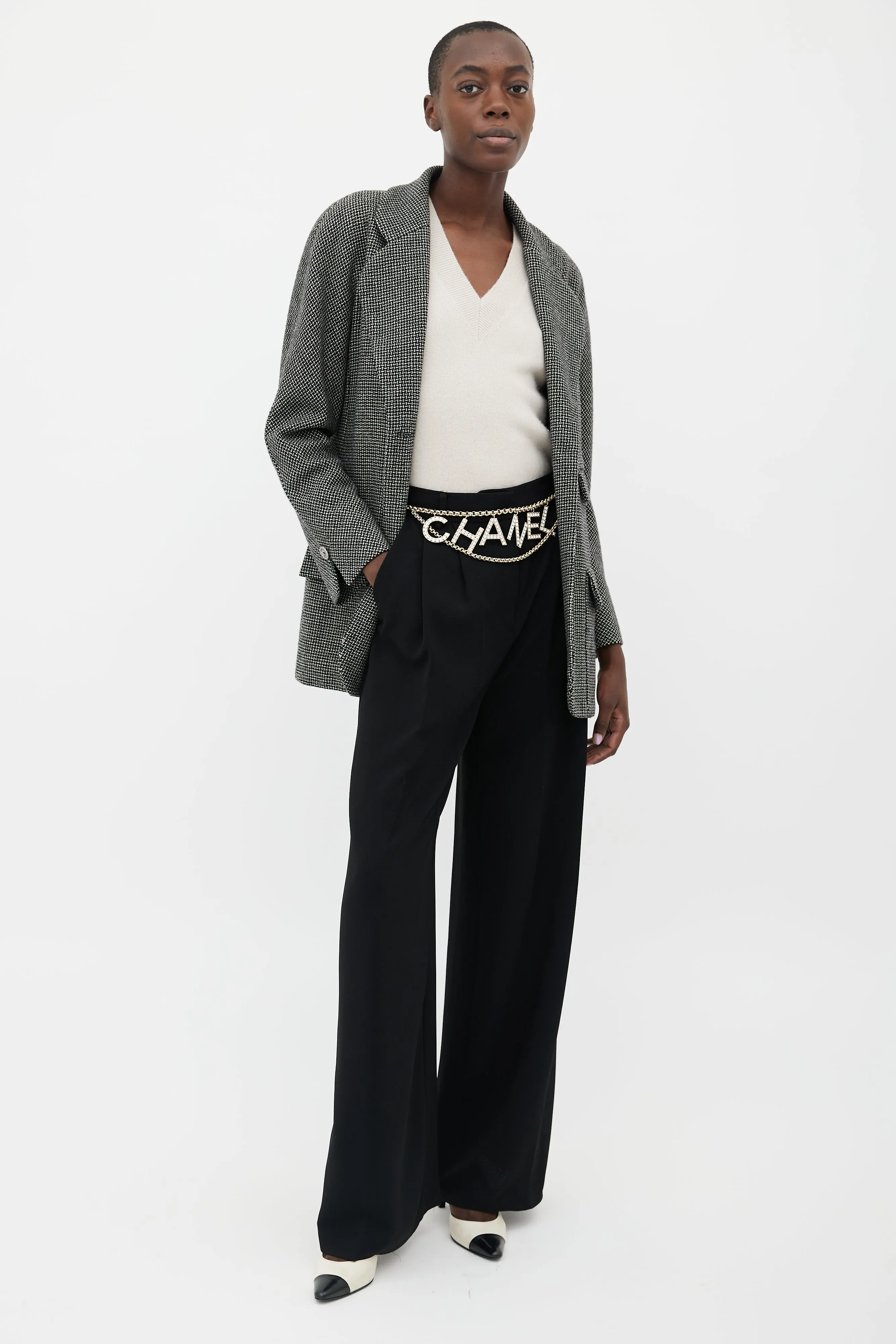 Black & Cream Wool Three Pocket Tweed Blazer