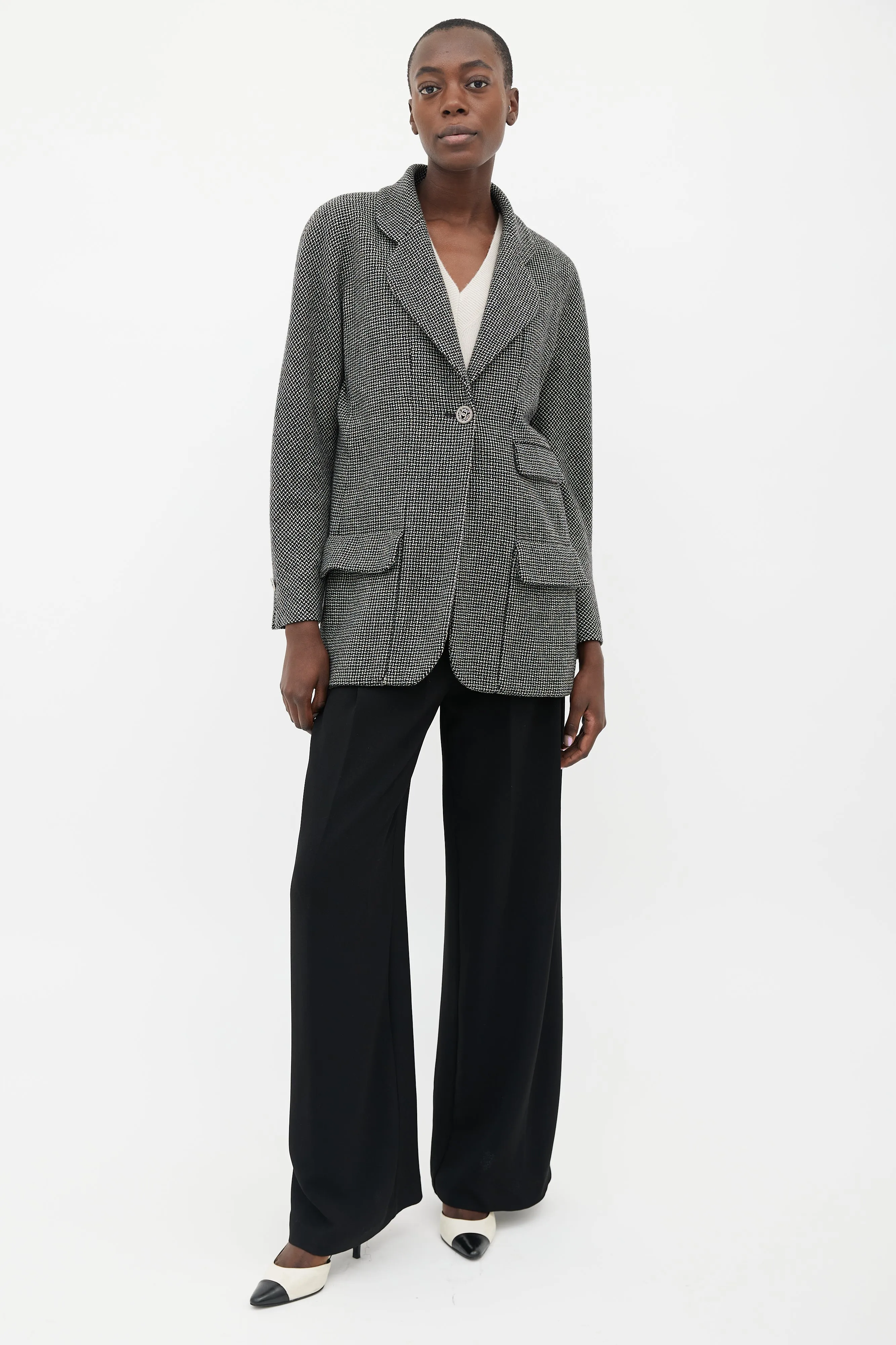 Black & Cream Wool Three Pocket Tweed Blazer