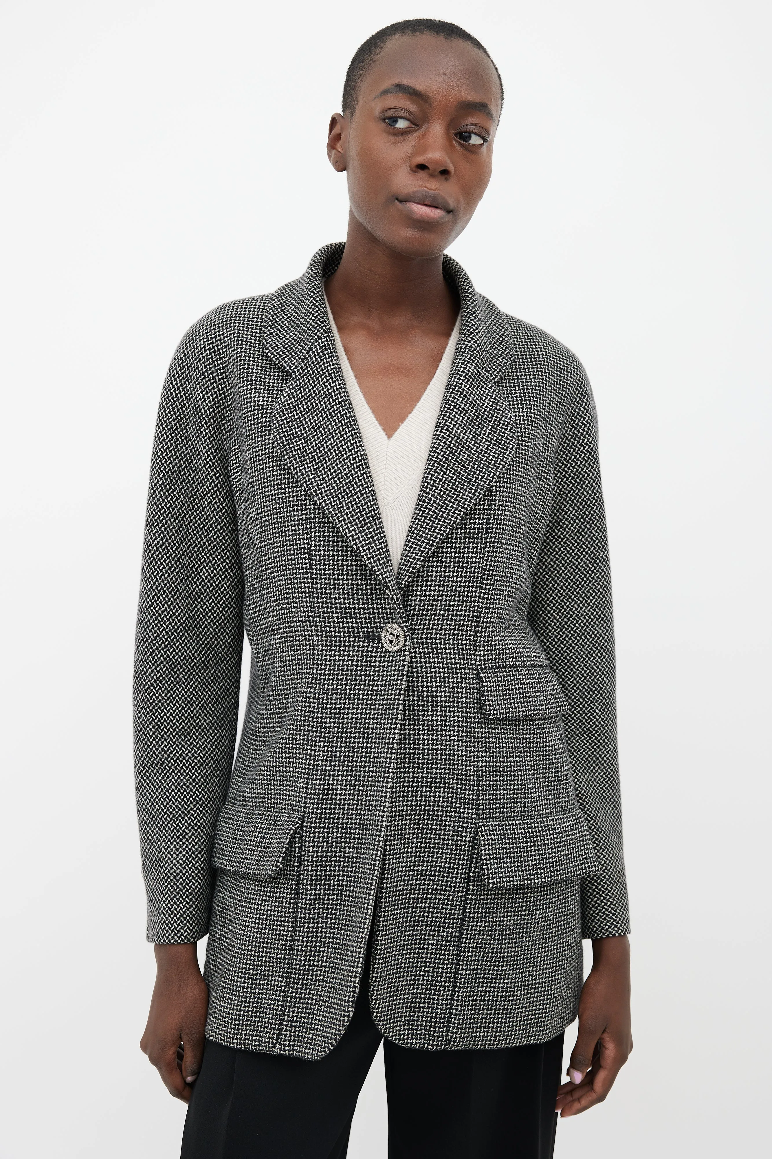 Black & Cream Wool Three Pocket Tweed Blazer