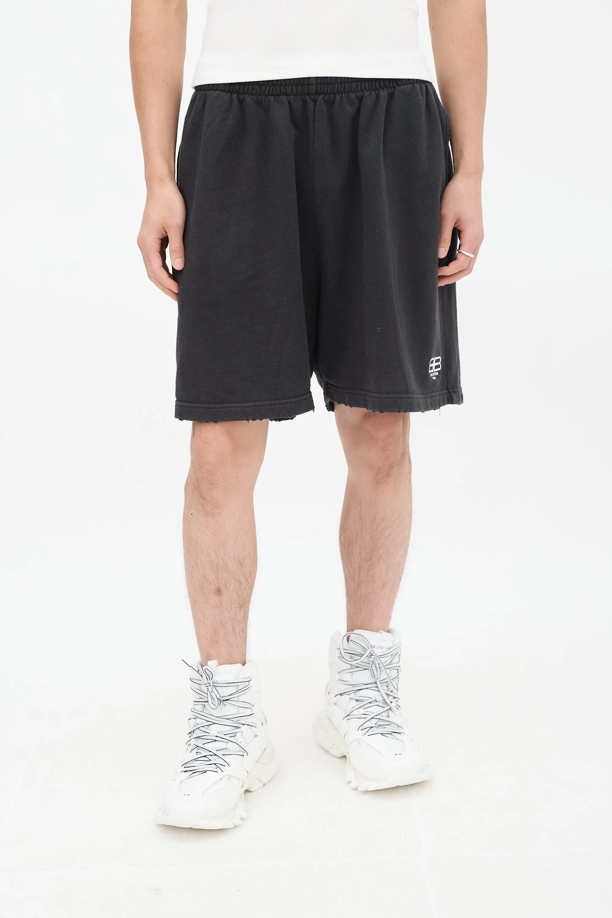 Black Cotton BB Paris Distressed Shorts