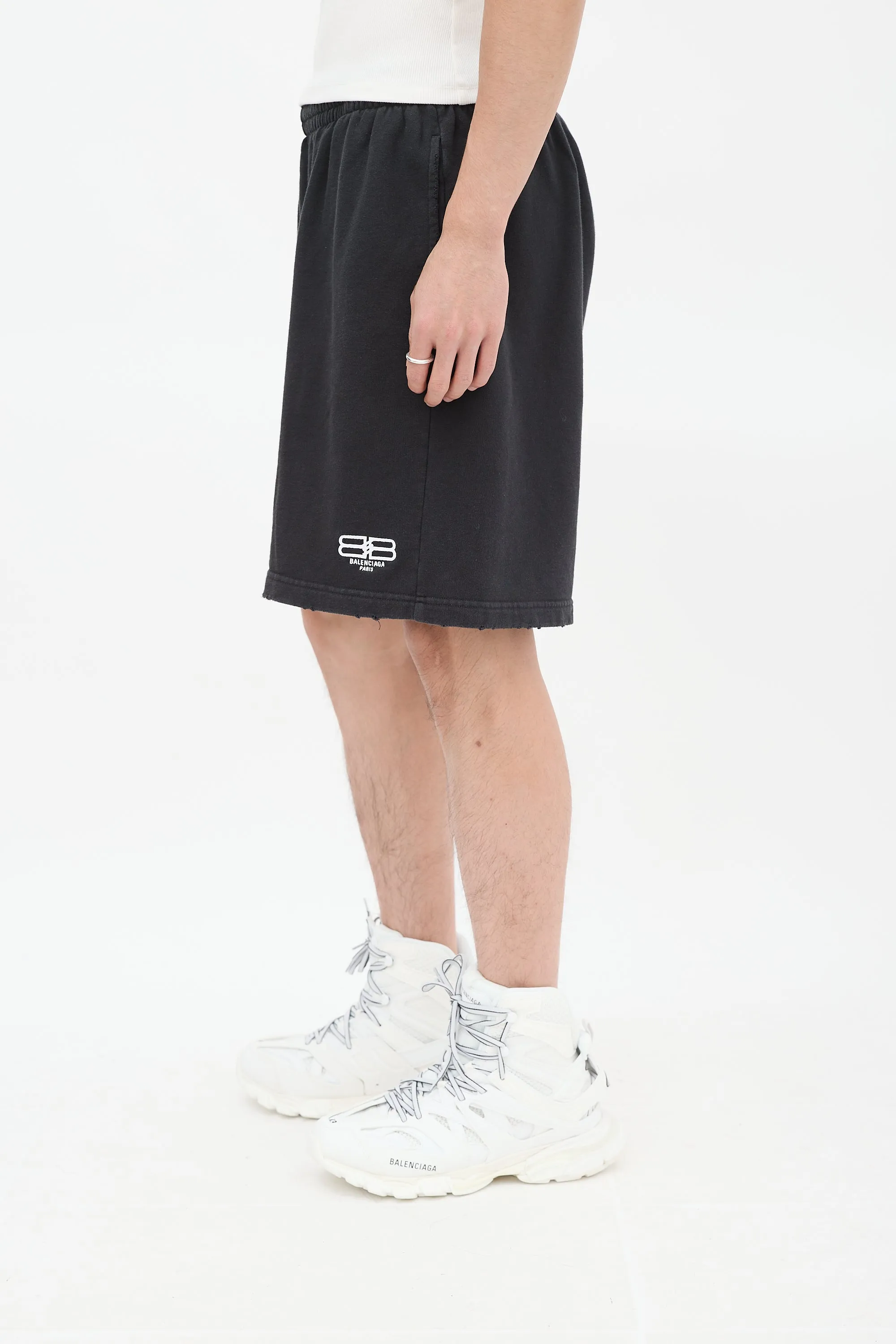 Black Cotton BB Paris Distressed Shorts