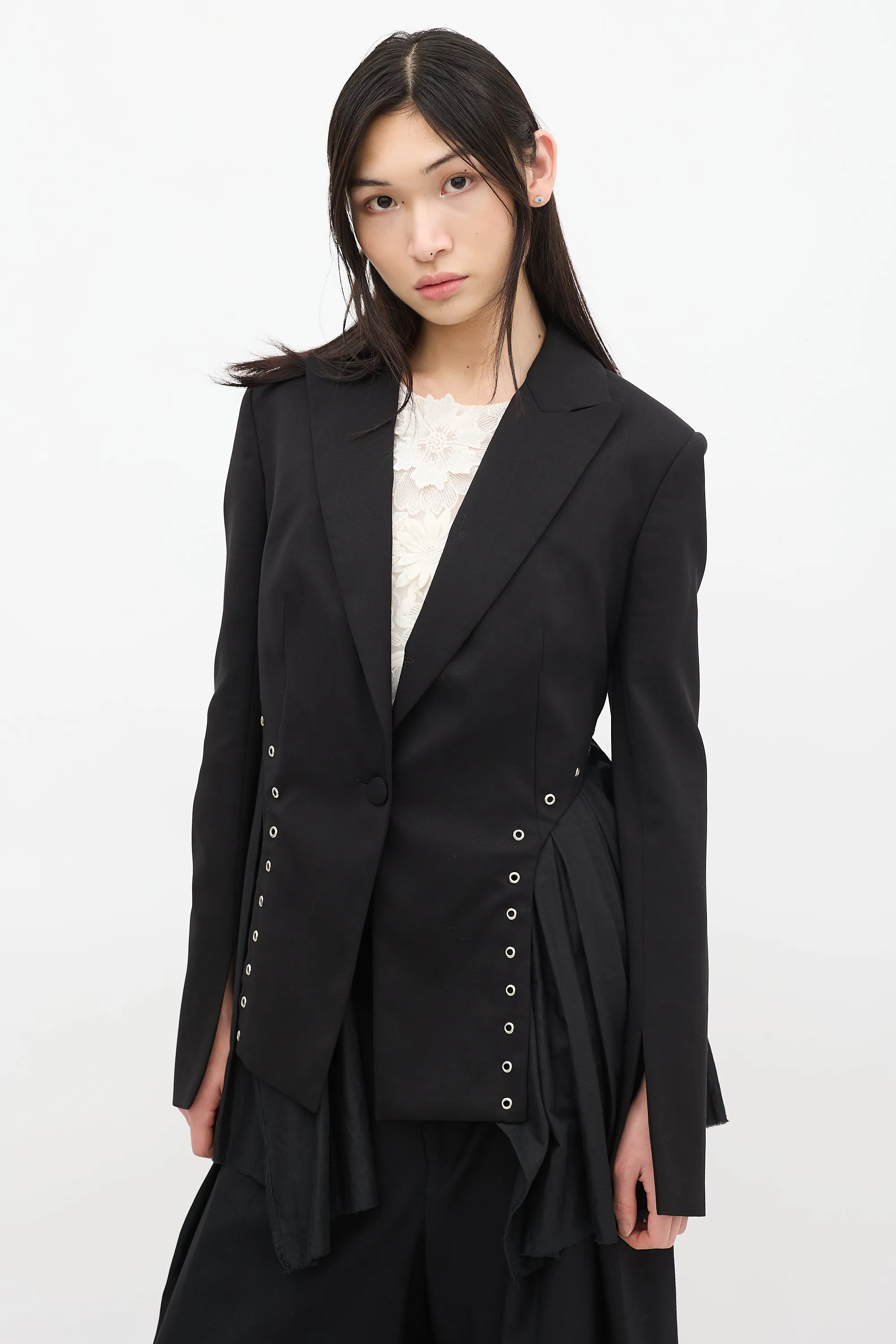 Black Wool & Cotton Andas Lace Up Blazer