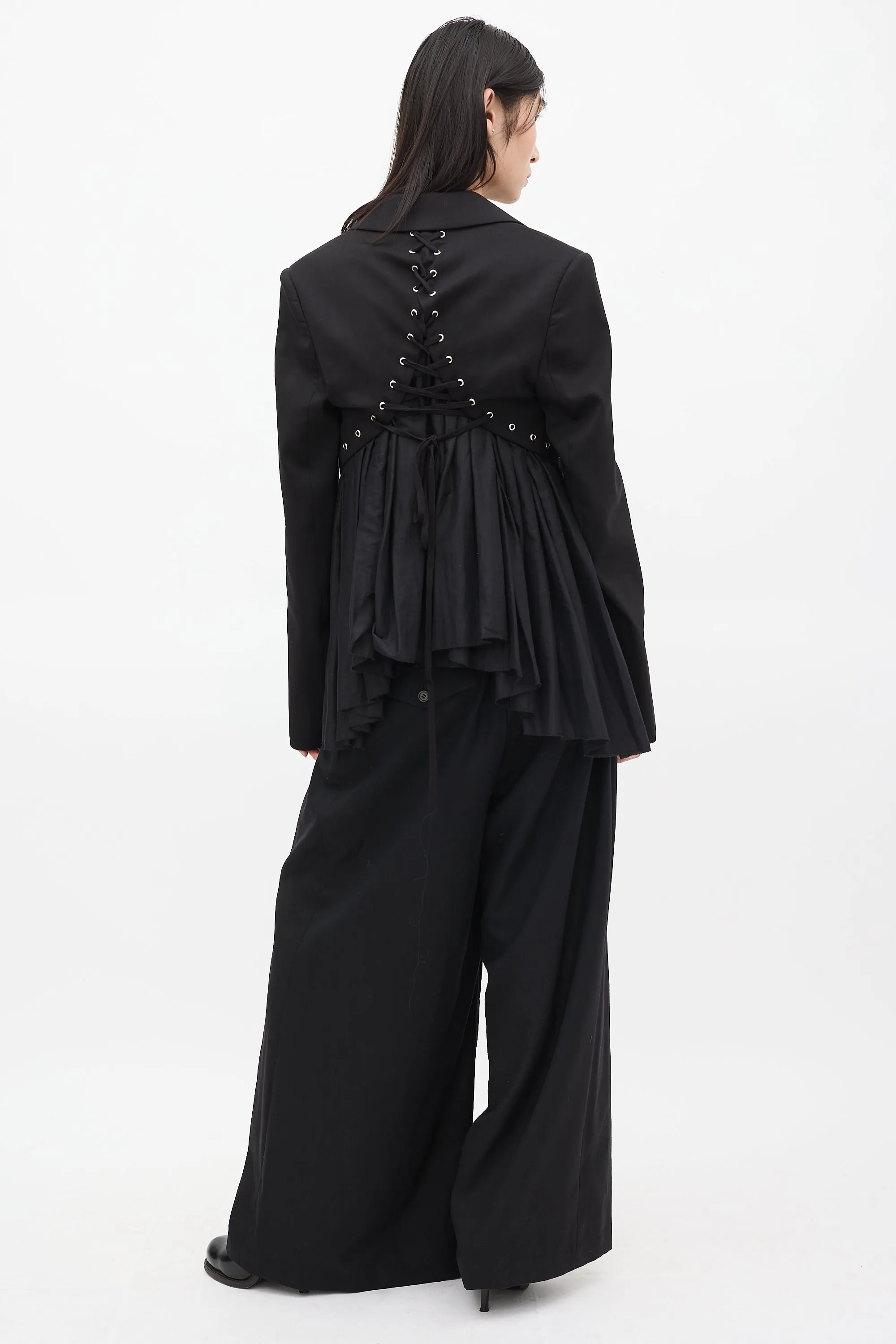 Black Wool & Cotton Andas Lace Up Blazer