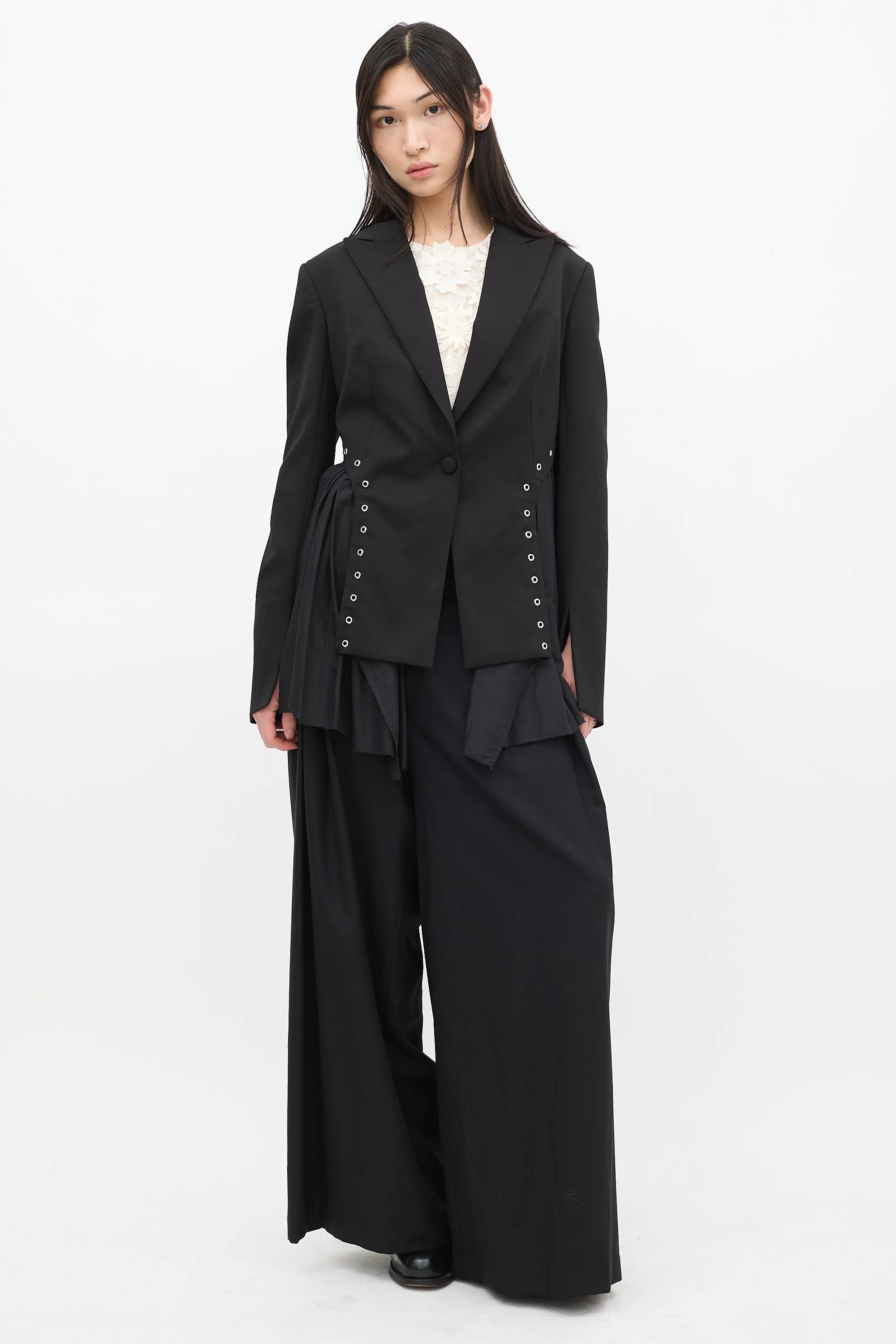 Black Wool & Cotton Andas Lace Up Blazer