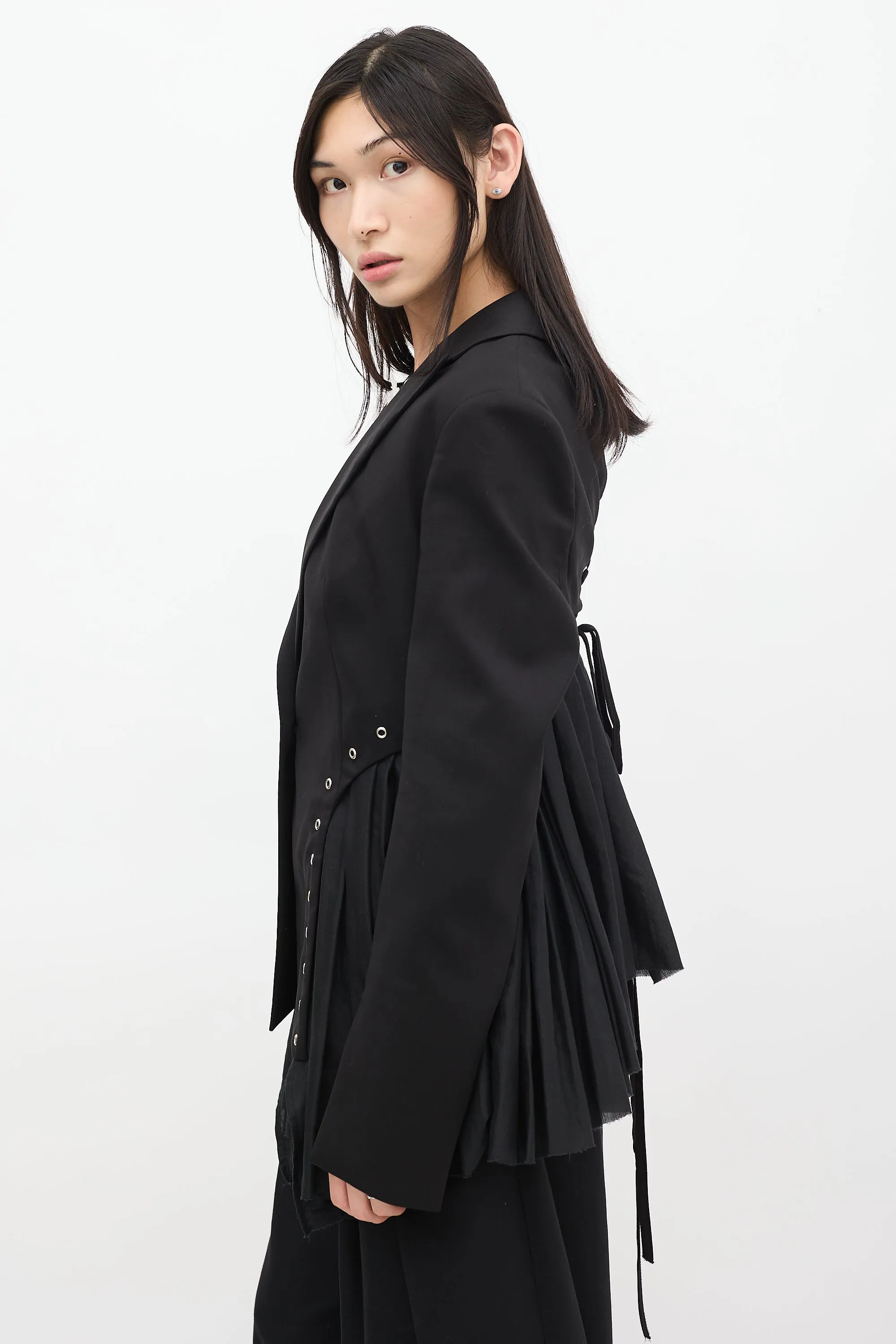Black Wool & Cotton Andas Lace Up Blazer