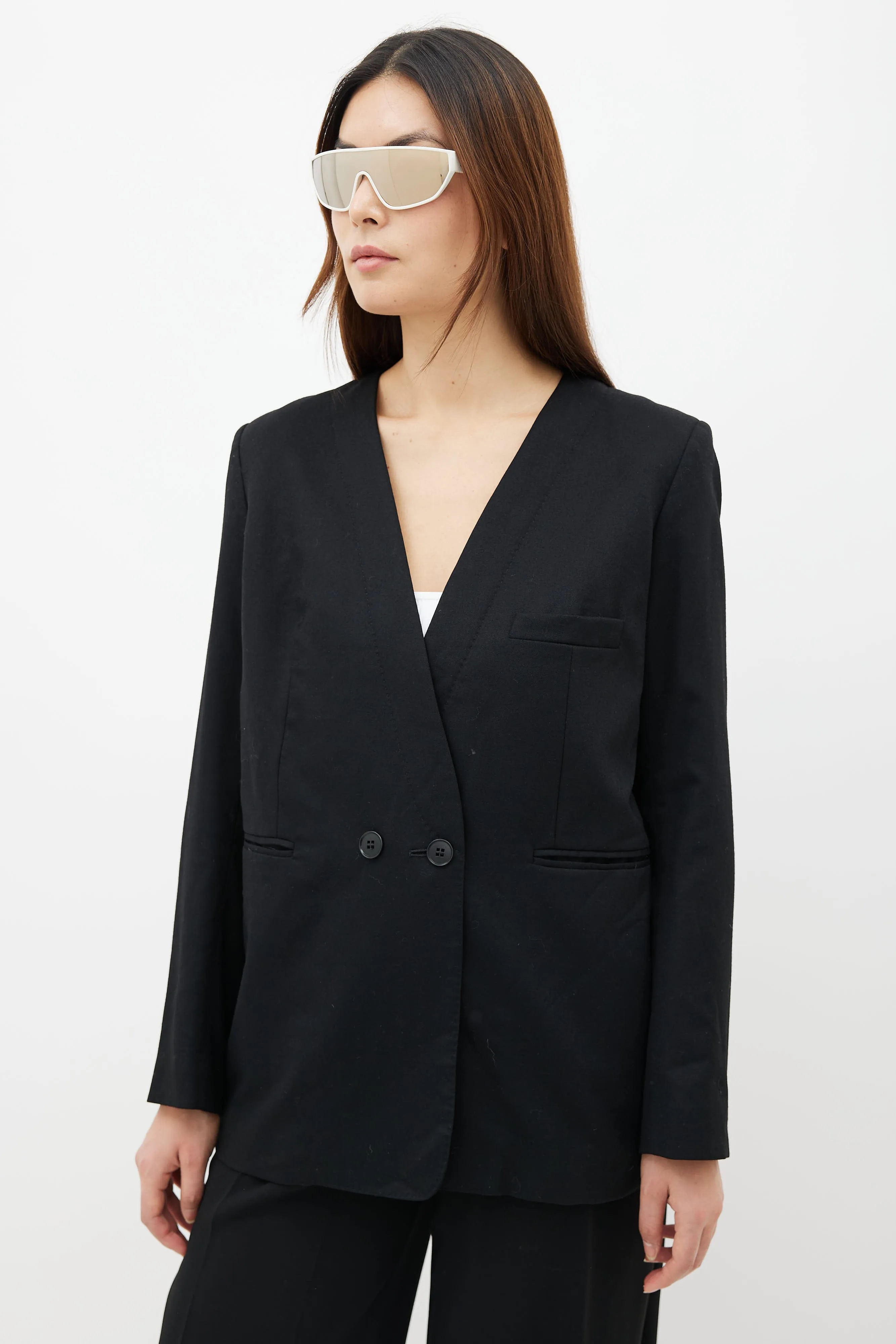 Black Wool Collarless Two-Button Blazer
