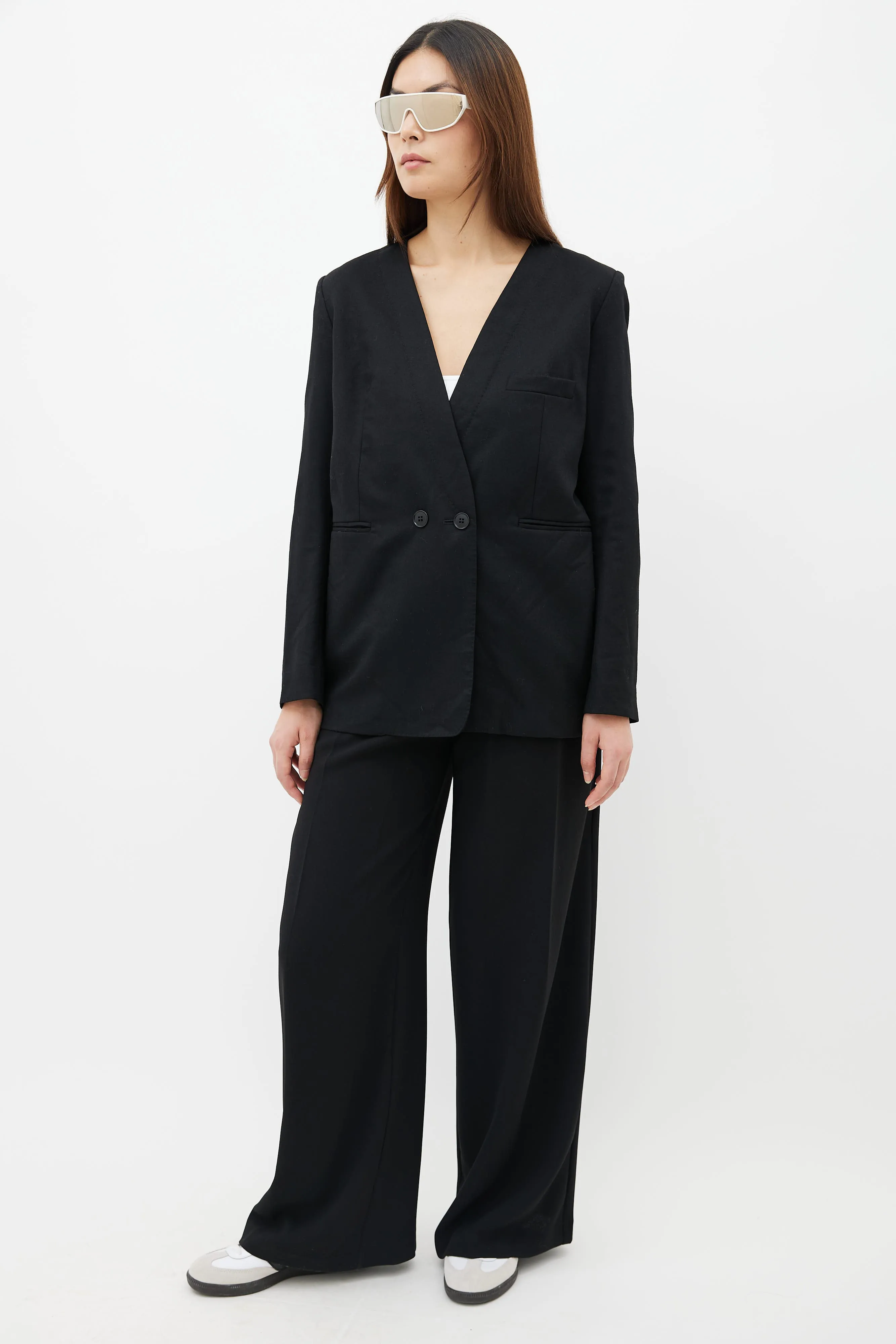 Black Wool Collarless Two-Button Blazer