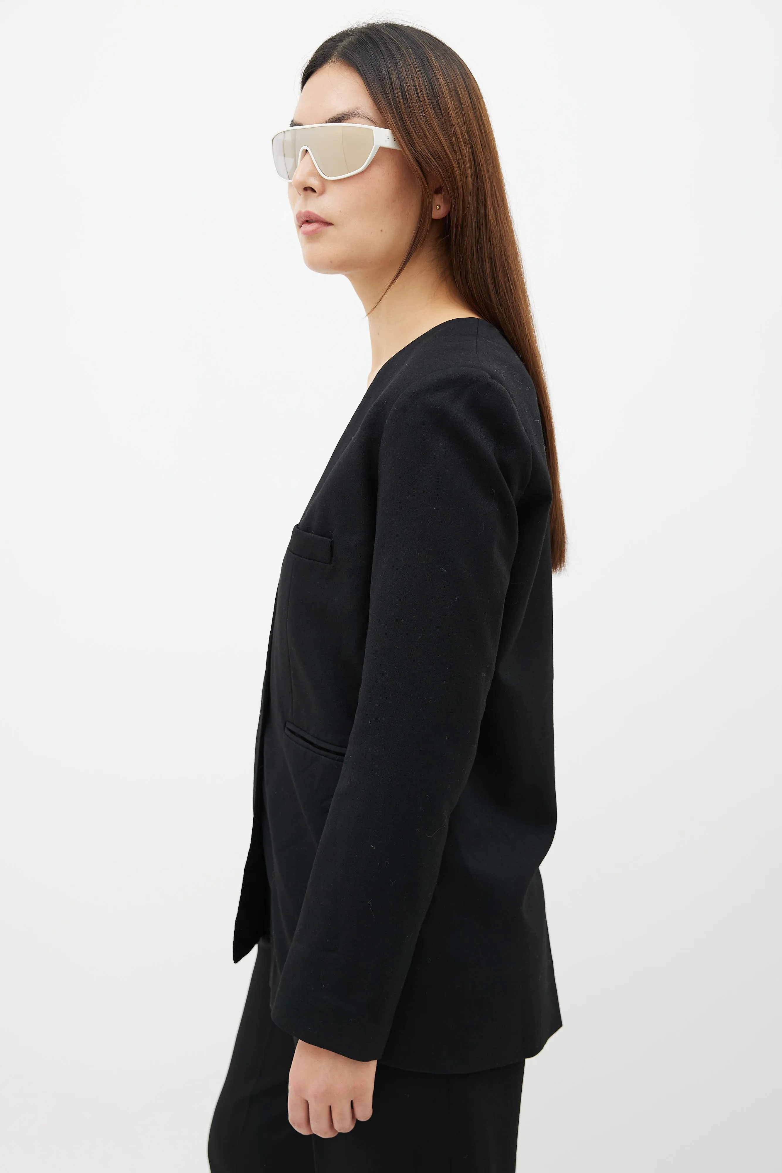 Black Wool Collarless Two-Button Blazer