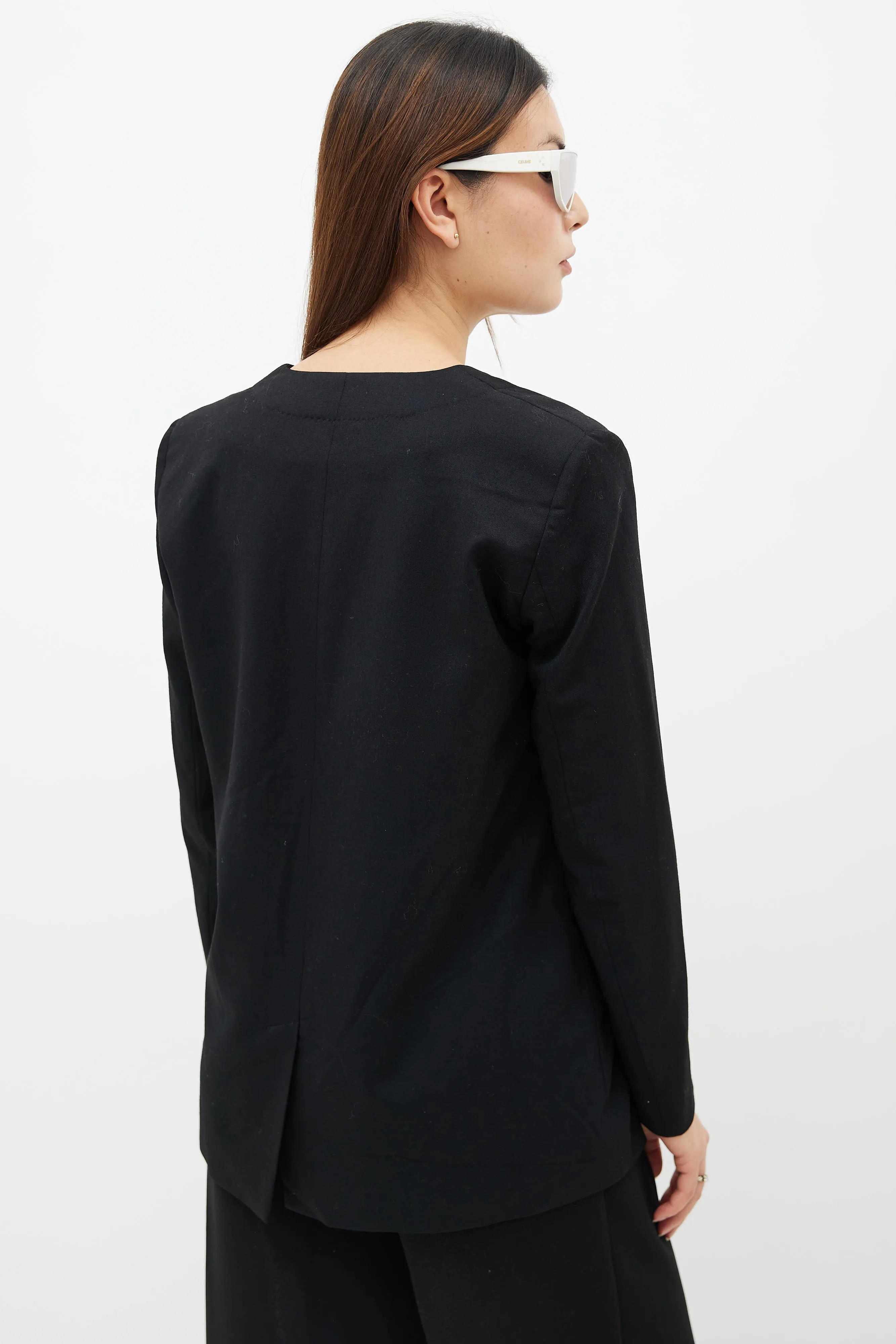 Black Wool Collarless Two-Button Blazer