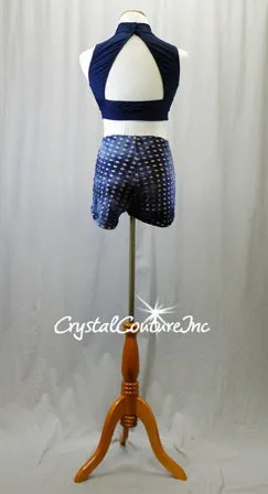 Blue/Nude Textured Crop Top with Open Back and Matching Booty Shorts