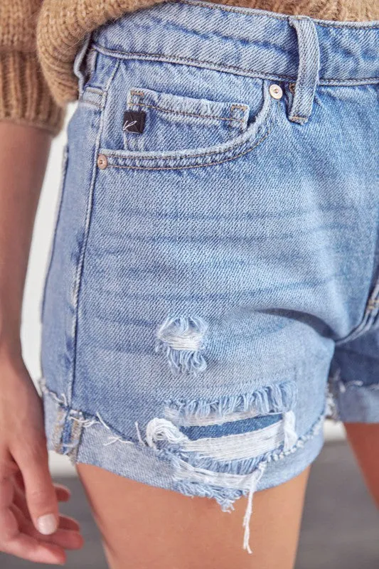 DISTRESSED 5-BUTTON DENIM SHORTS (LT. WASH)