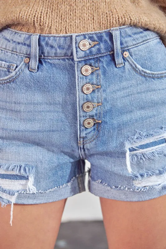DISTRESSED 5-BUTTON DENIM SHORTS (LT. WASH)