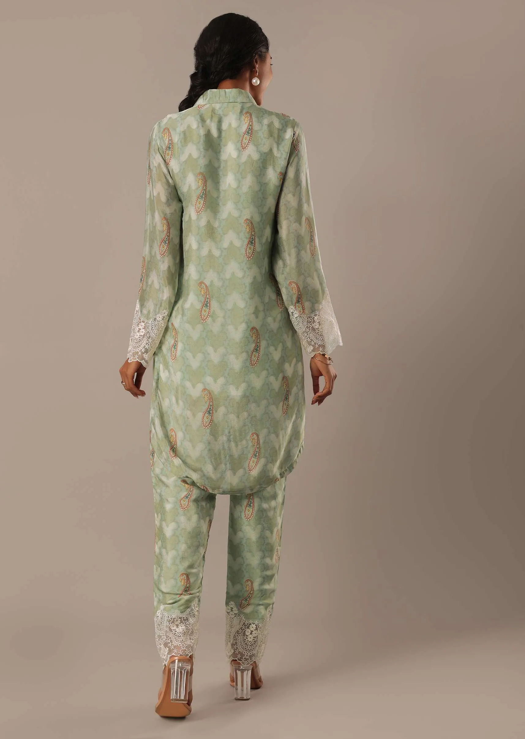 Green Printed Kurta Set With Asymmetric Hemline