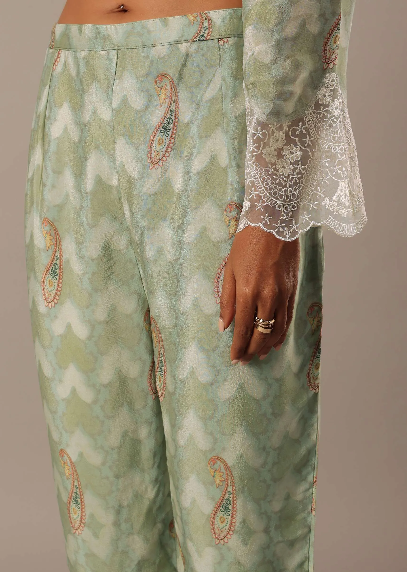 Green Printed Kurta Set With Asymmetric Hemline