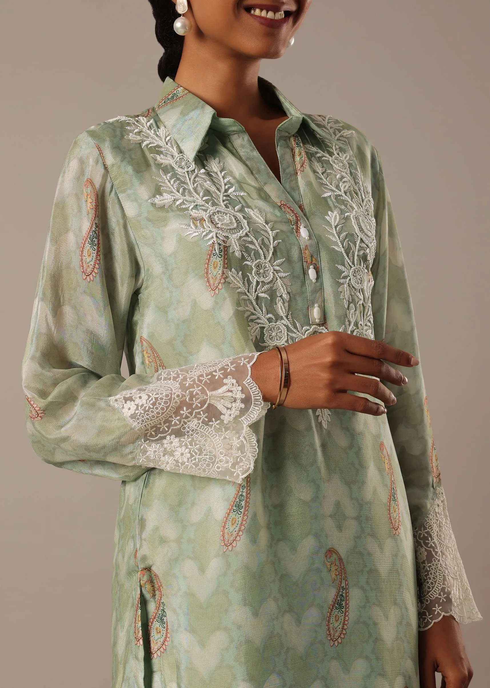 Green Printed Kurta Set With Asymmetric Hemline