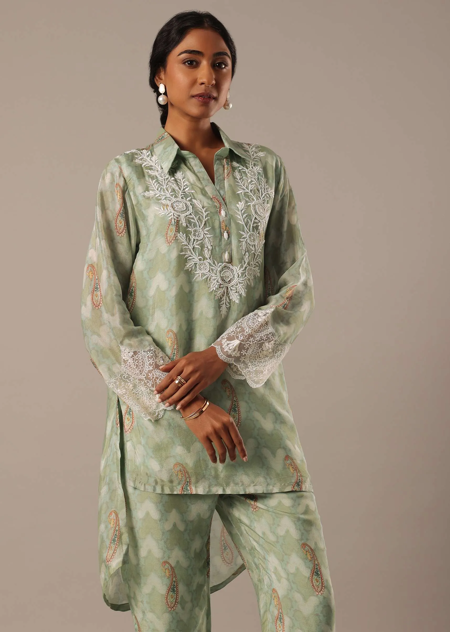 Green Printed Kurta Set With Asymmetric Hemline
