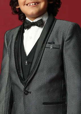 Grey Cutwork Embroidery Festive Tuxedo For Boys