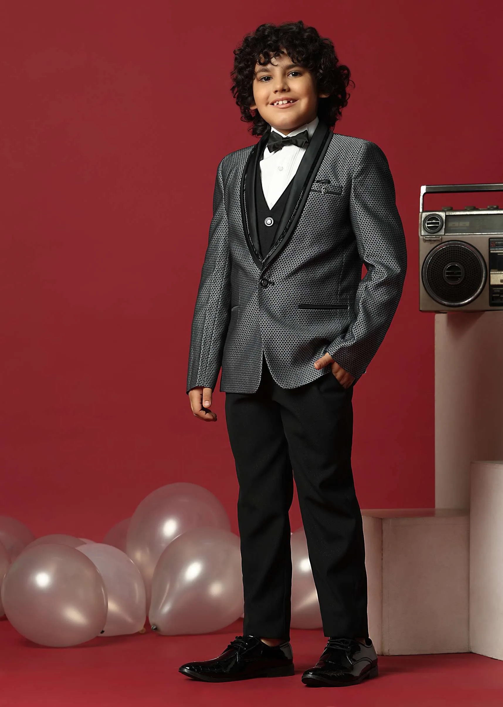 Grey Cutwork Embroidery Festive Tuxedo For Boys