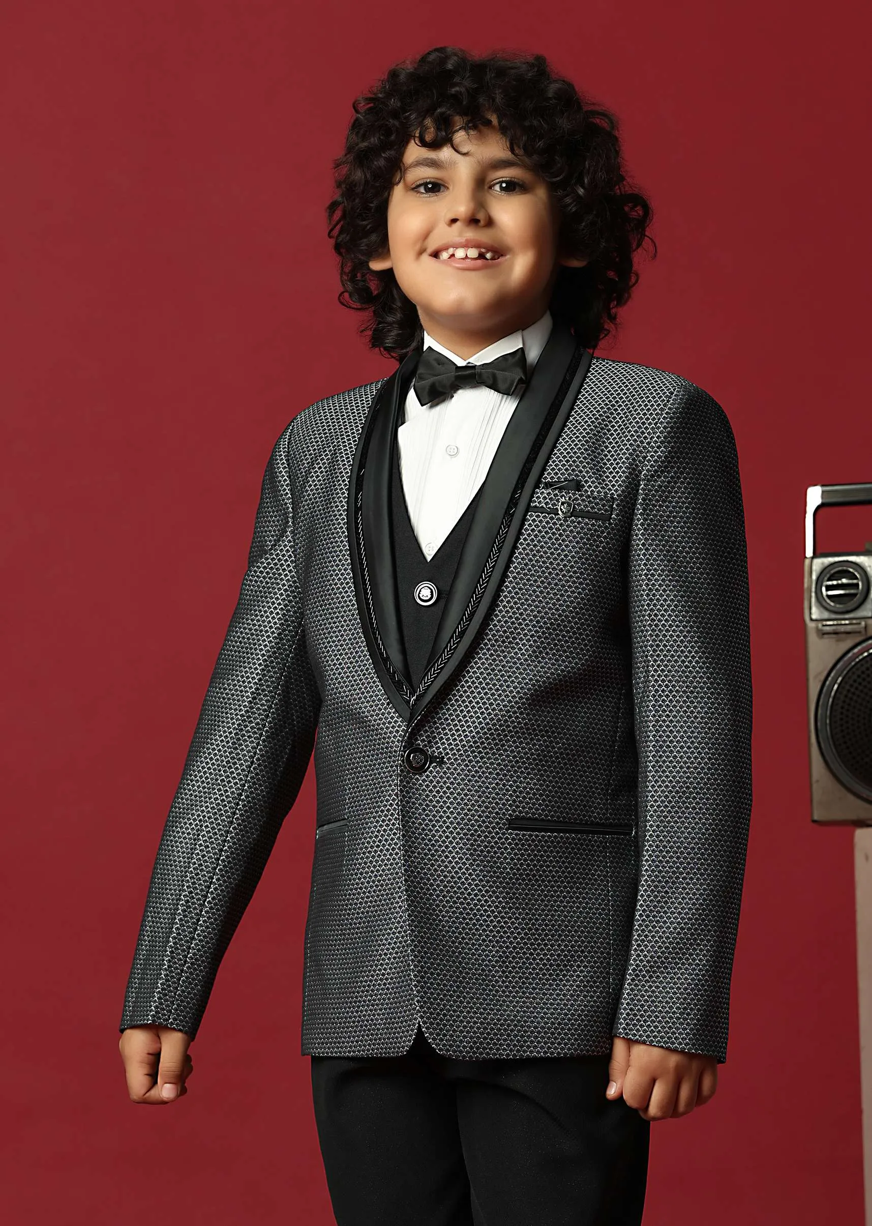 Grey Cutwork Embroidery Festive Tuxedo For Boys