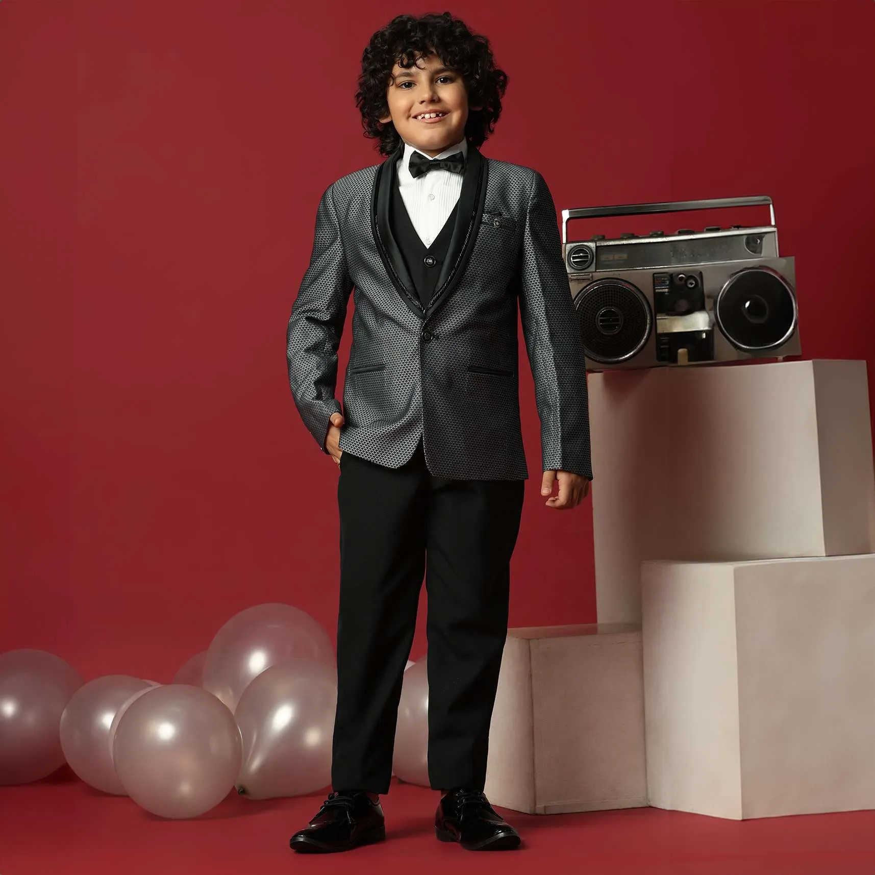 Grey Cutwork Embroidery Festive Tuxedo For Boys