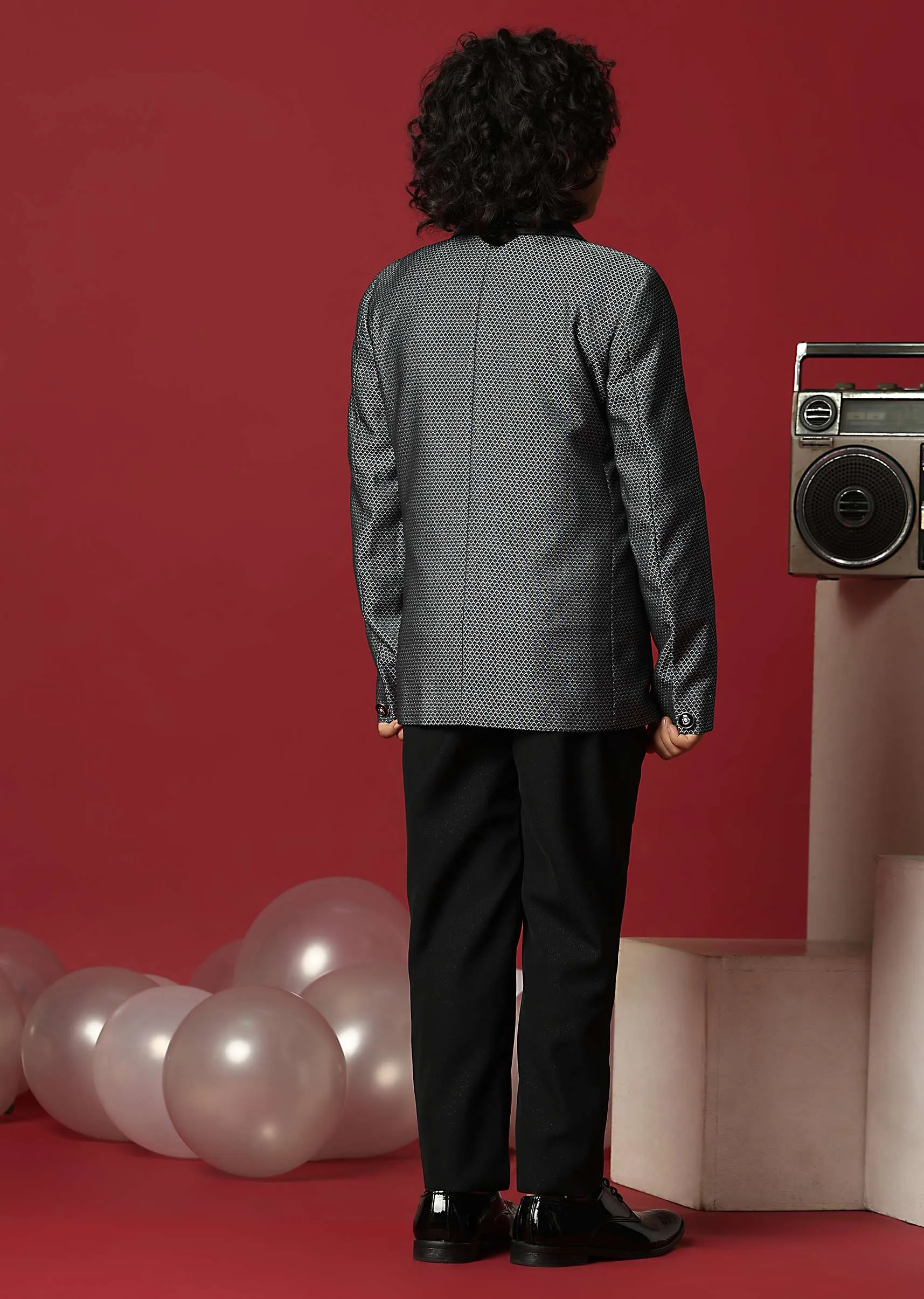 Grey Cutwork Embroidery Festive Tuxedo For Boys