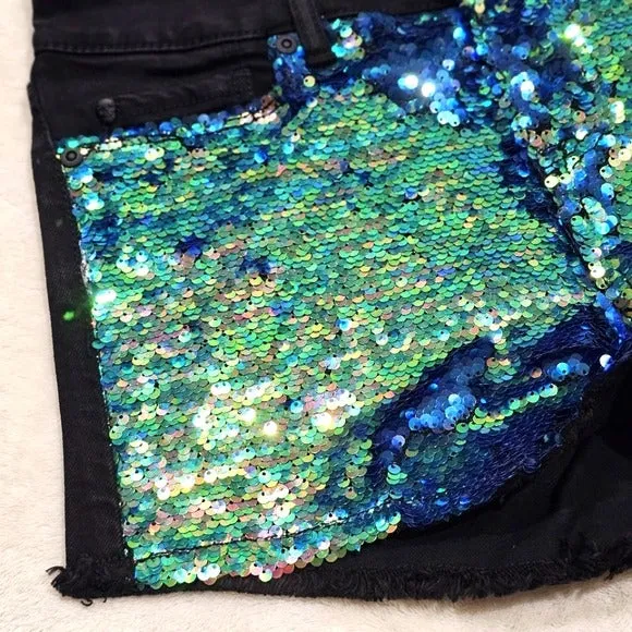 Jean Shorts | Flip Sequin Covered Front Black Back Low Rise Raw Hem 3