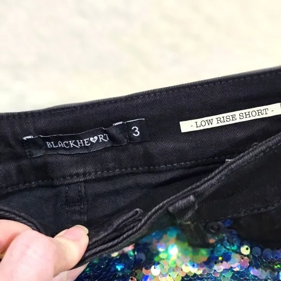 Jean Shorts | Flip Sequin Covered Front Black Back Low Rise Raw Hem 3