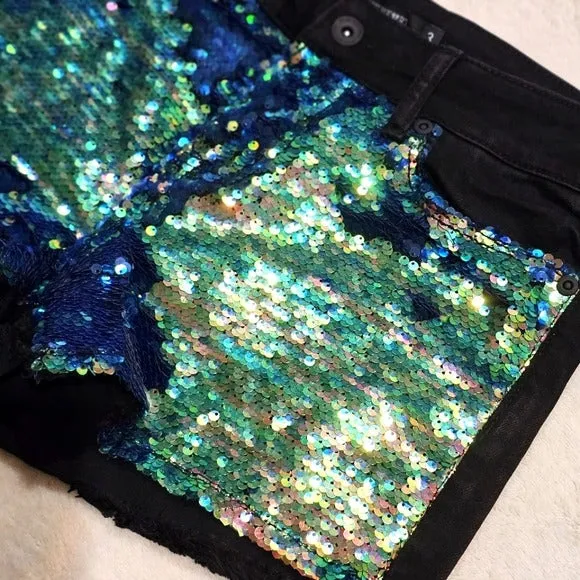 Jean Shorts | Flip Sequin Covered Front Black Back Low Rise Raw Hem 3