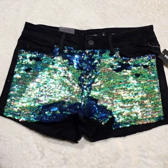 Jean Shorts | Flip Sequin Covered Front Black Back Low Rise Raw Hem 3