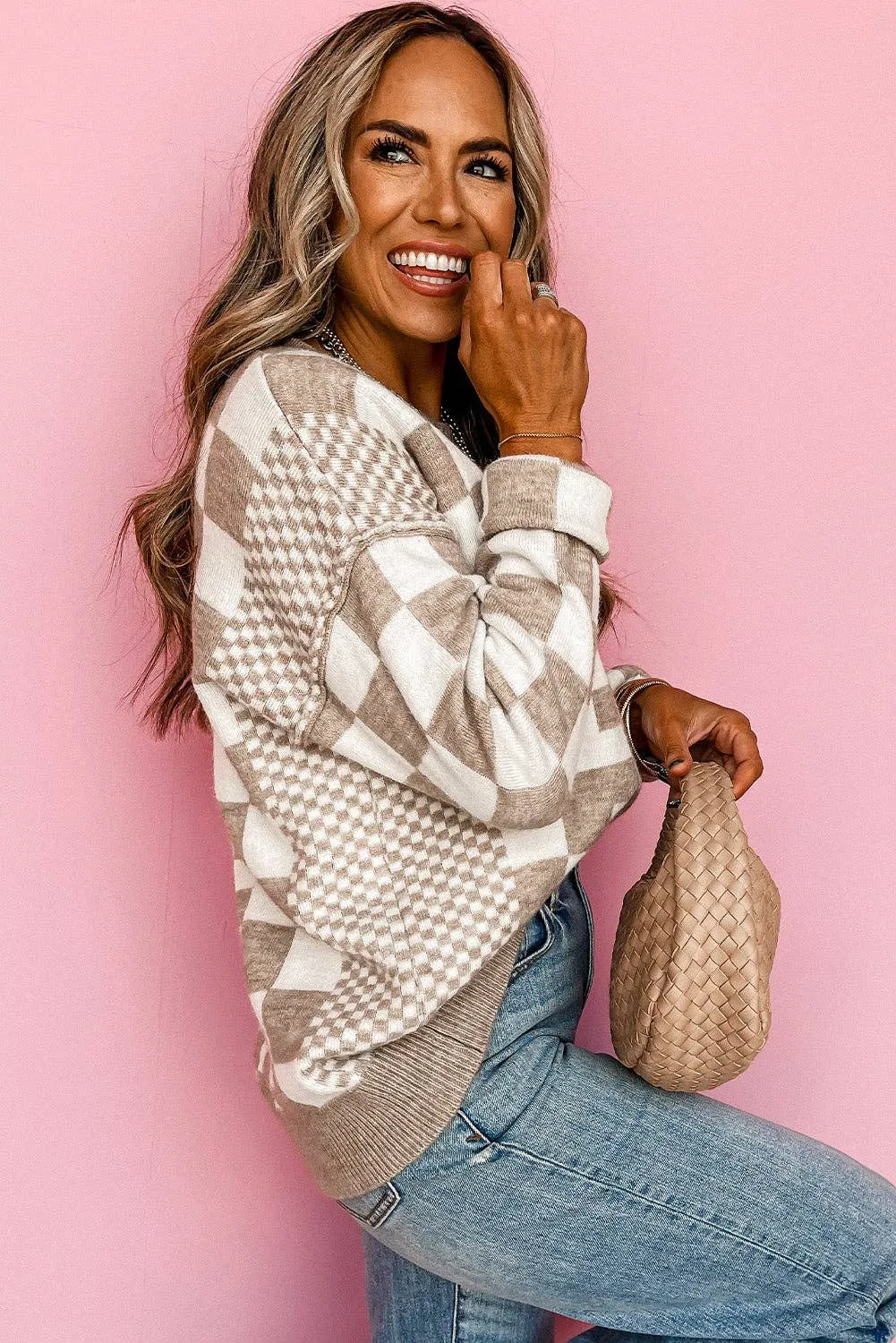 Khaki Checkered Print Drop Shoulder Round Neck Sweater: Khaki / 50%Viscose 28%Polyester 22%Polyamide / S