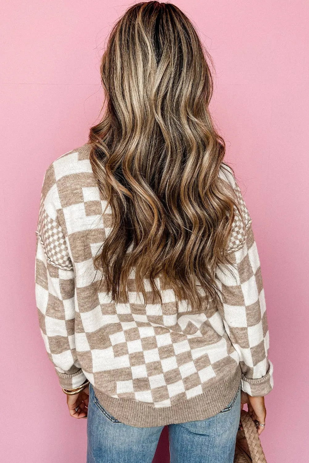 Khaki Checkered Print Drop Shoulder Round Neck Sweater: Khaki / 50%Viscose 28%Polyester 22%Polyamide / S