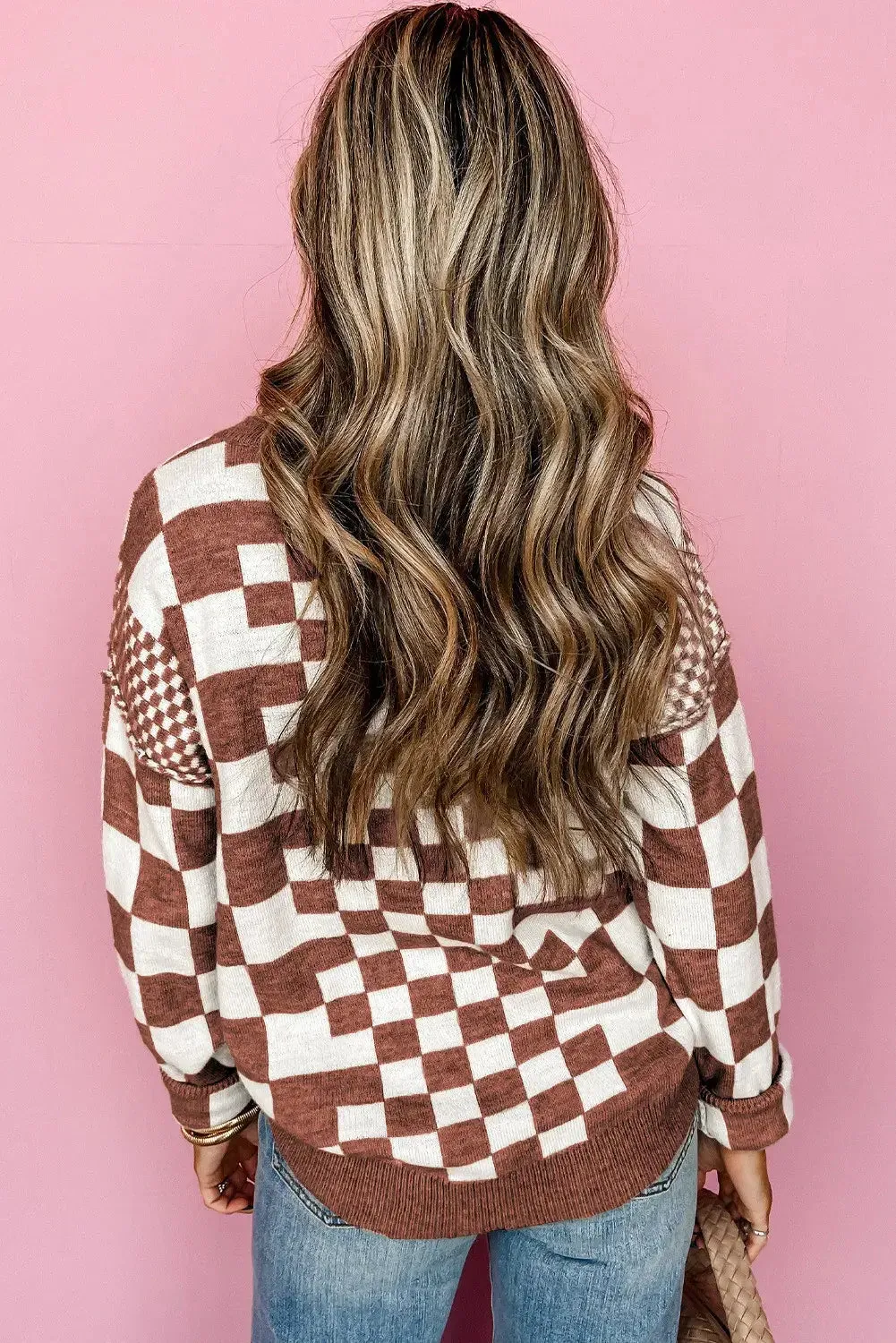 Khaki Checkered Print Drop Shoulder Round Neck Sweater: Khaki / 50%Viscose 28%Polyester 22%Polyamide / S