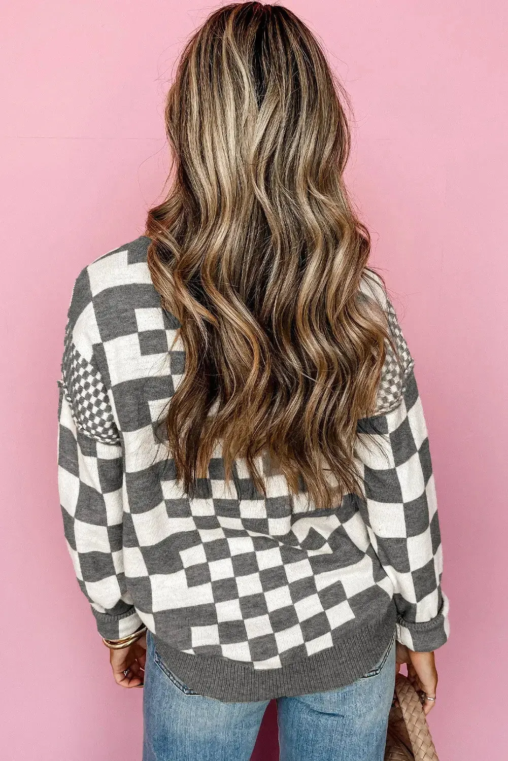 Khaki Checkered Print Drop Shoulder Round Neck Sweater: Khaki / 50%Viscose 28%Polyester 22%Polyamide / S