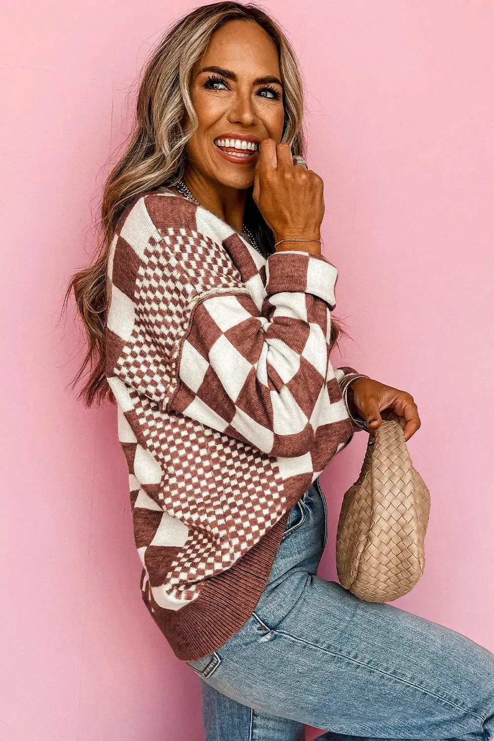 Khaki Checkered Print Drop Shoulder Round Neck Sweater: Khaki / 50%Viscose 28%Polyester 22%Polyamide / S