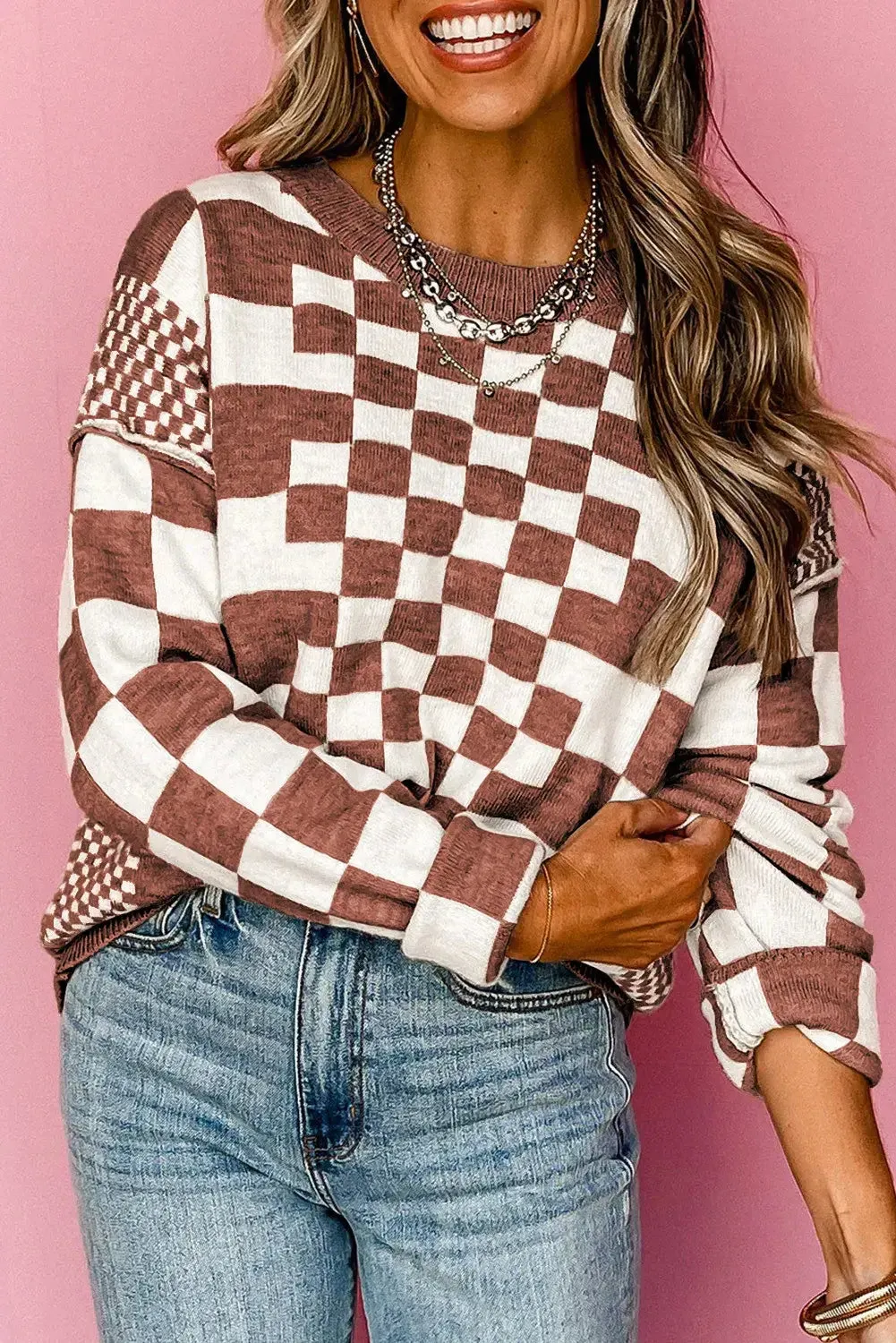 Khaki Checkered Print Drop Shoulder Round Neck Sweater: Khaki / 50%Viscose 28%Polyester 22%Polyamide / XL