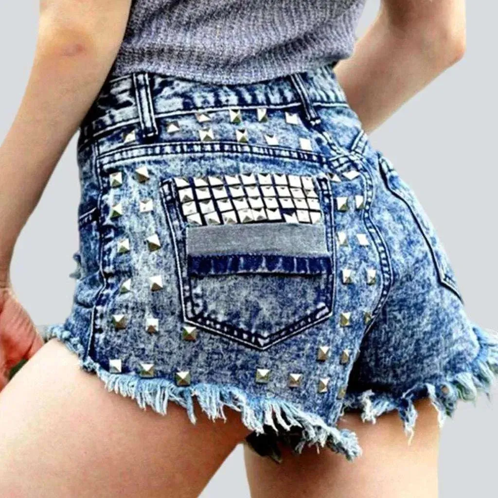 Metal embellished distressed denim shorts