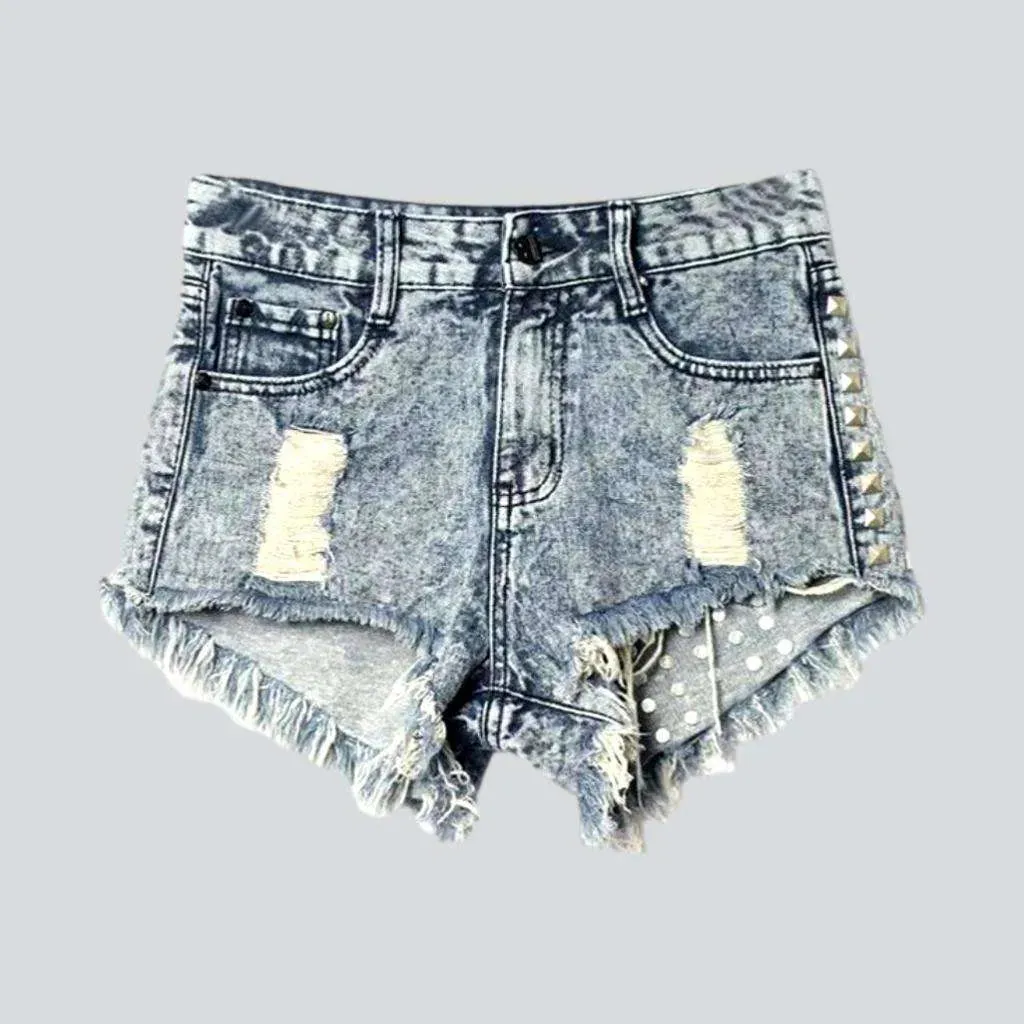 Metal embellished distressed denim shorts