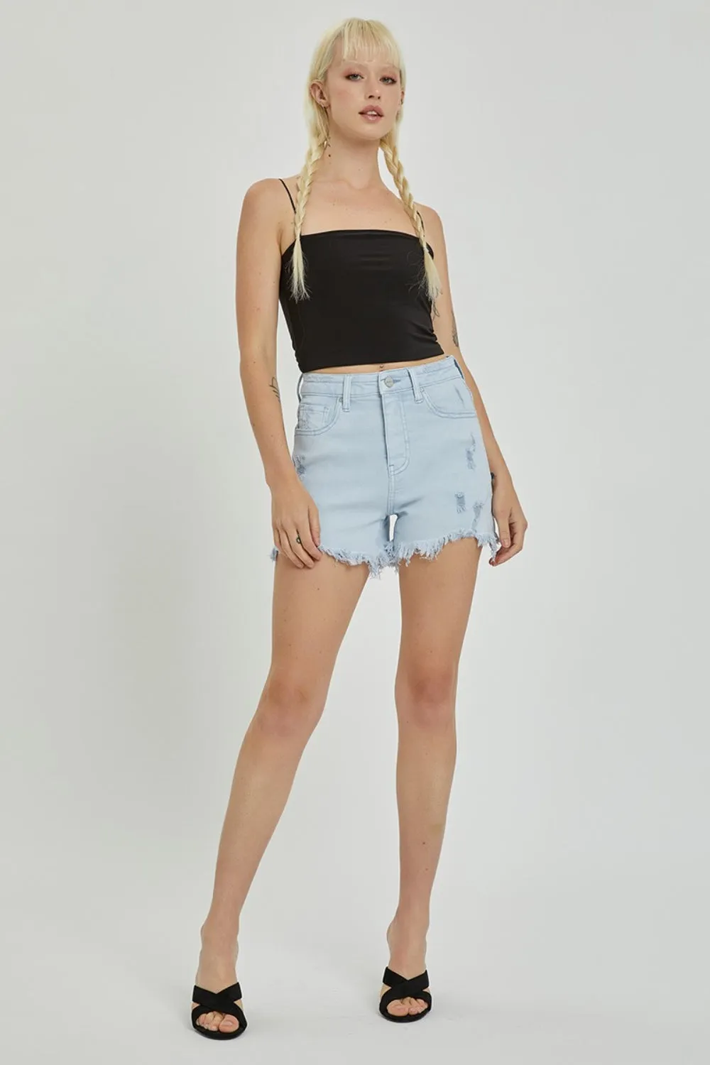 RISEN High Rise Distressed Light Denim Shorts