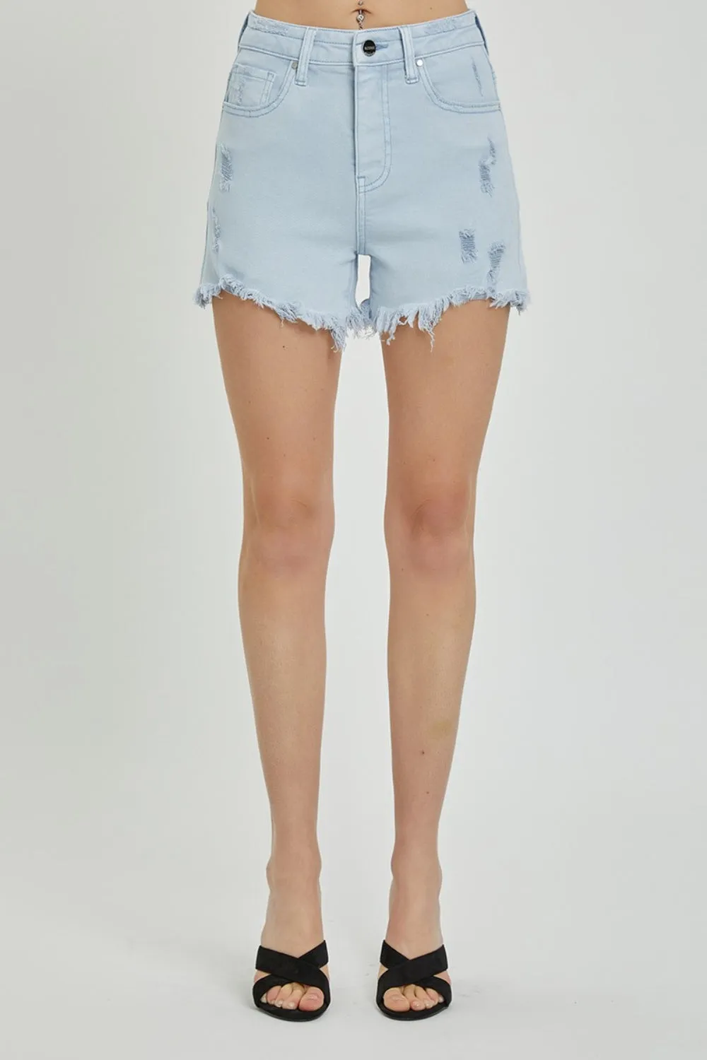 RISEN High Rise Distressed Light Denim Shorts