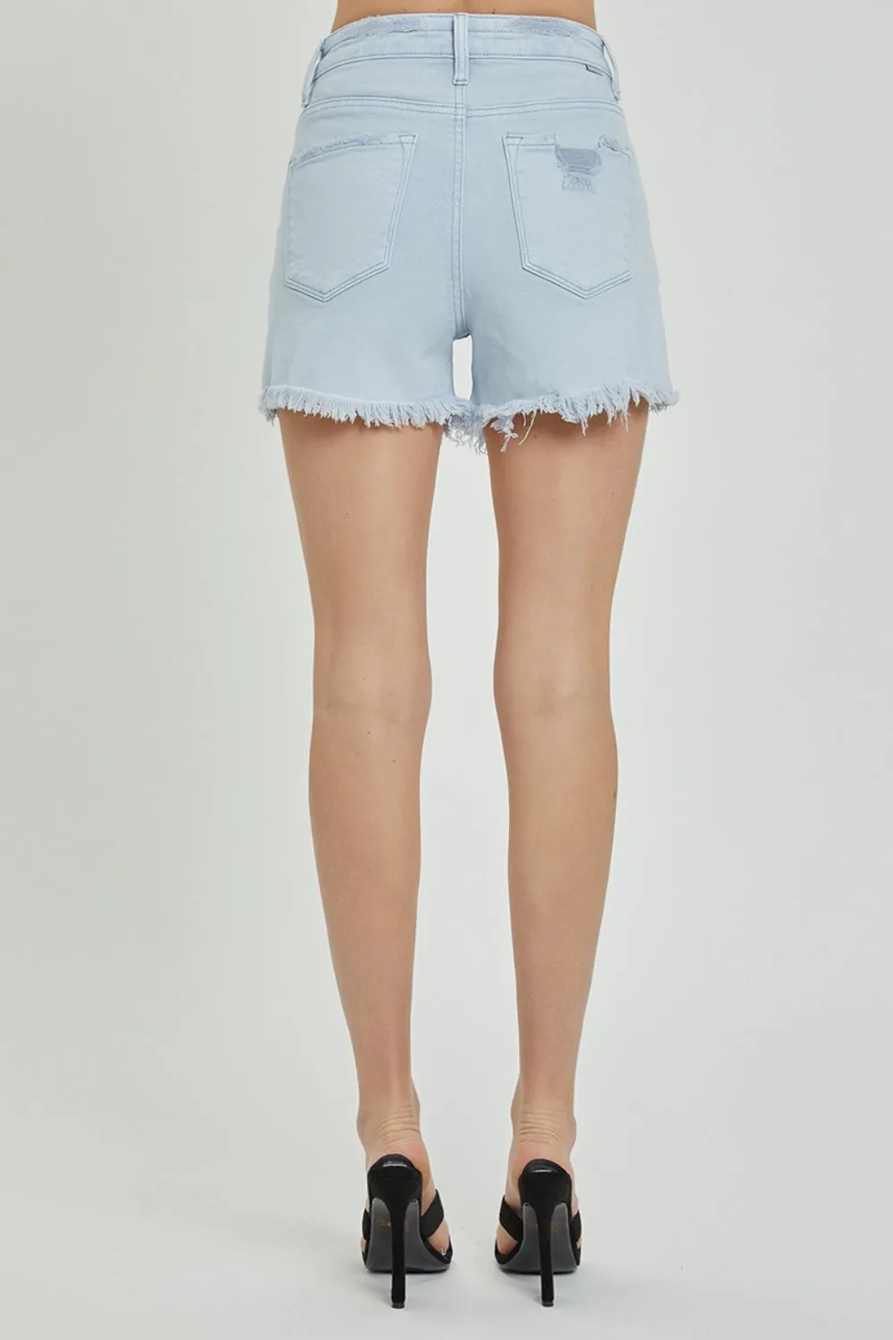 RISEN High Rise Distressed Light Denim Shorts