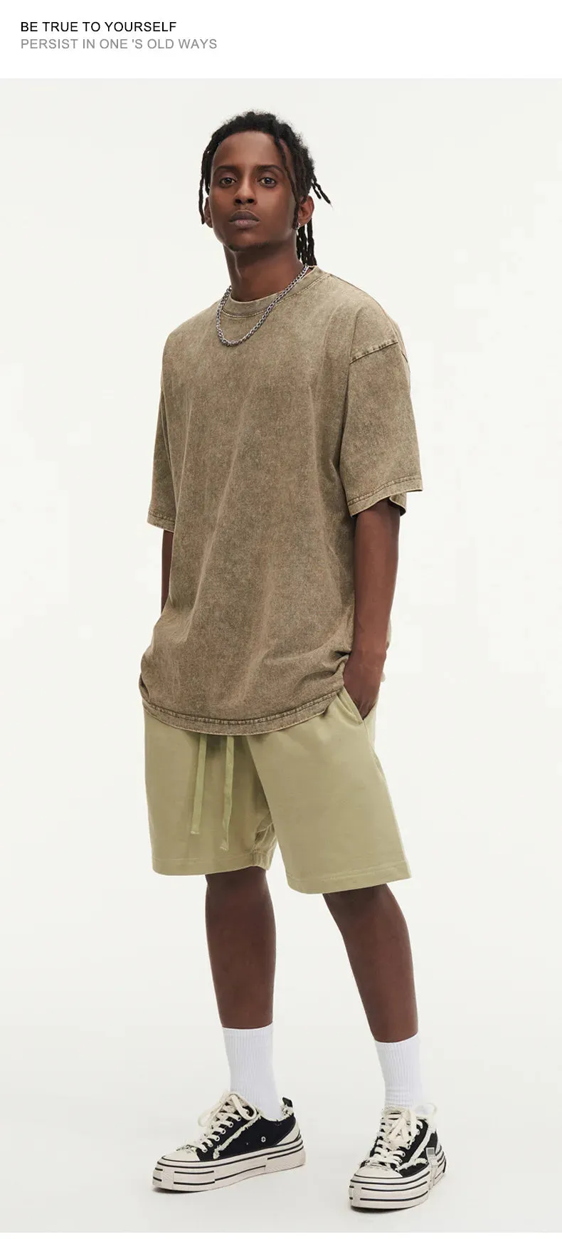 Washed T shirt for Men Cotton Loose O-Neck Oversized Tee Men's Tops