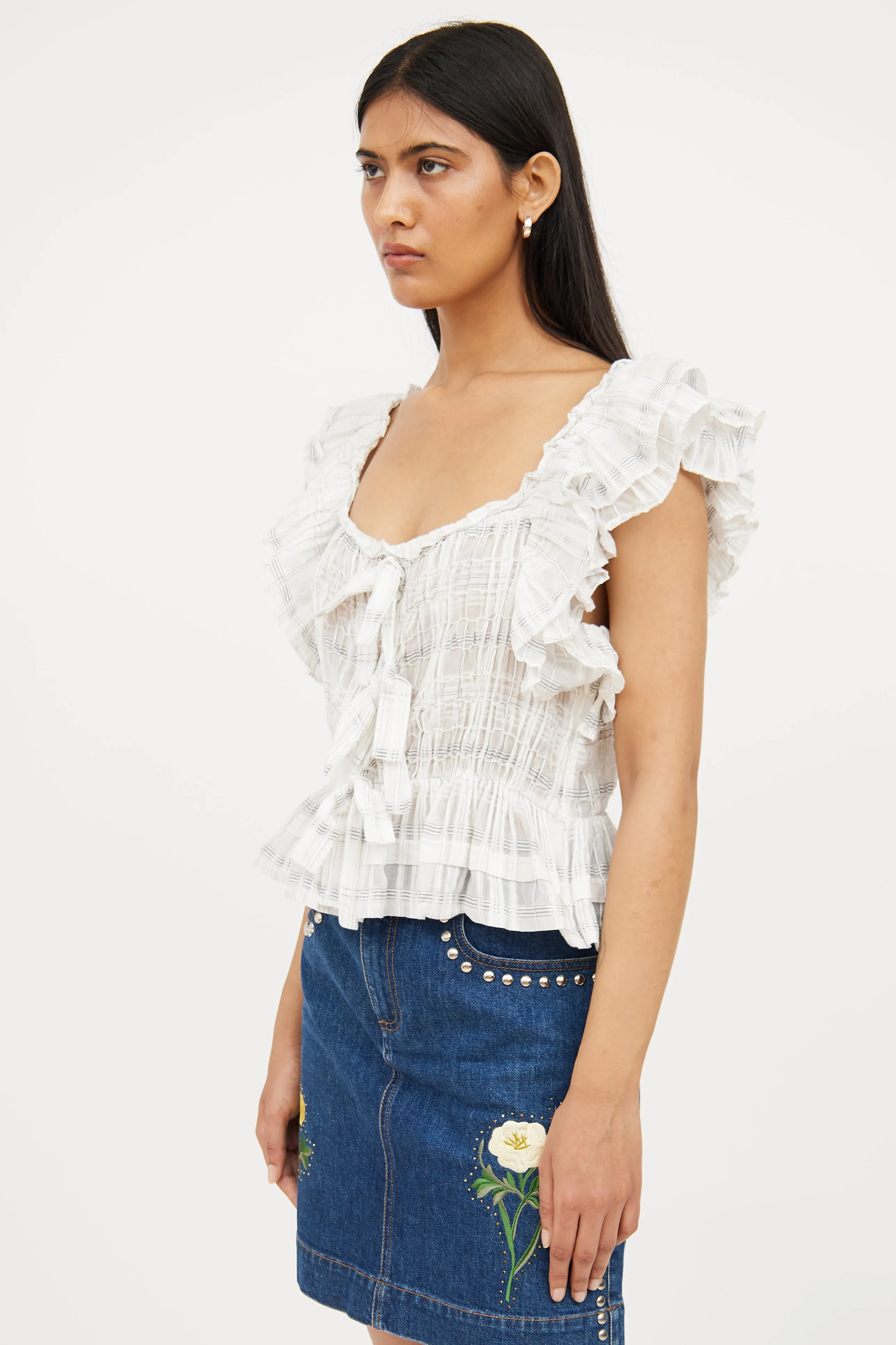 White & Grey Plaid Ruffle Top