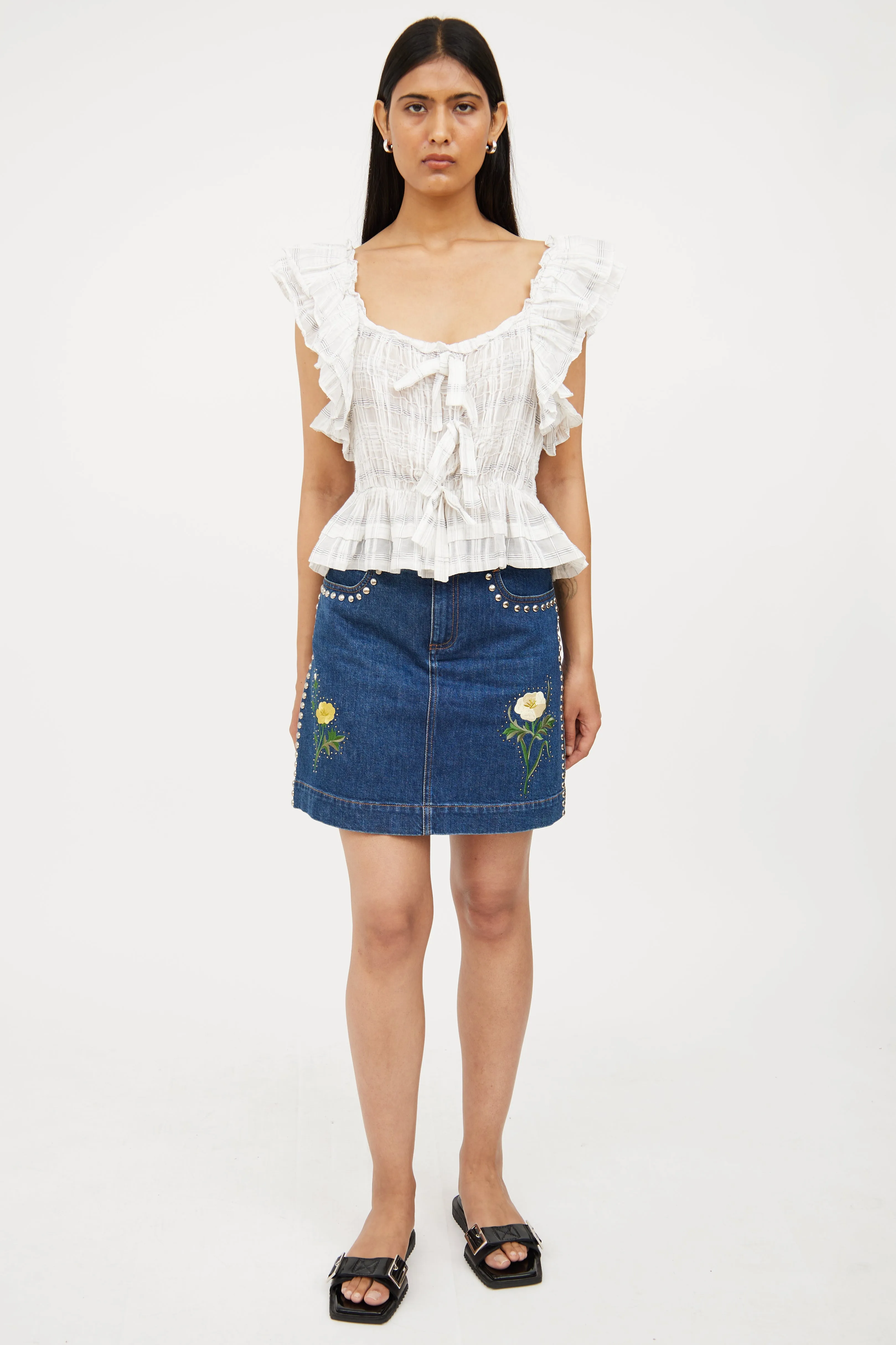 White & Grey Plaid Ruffle Top