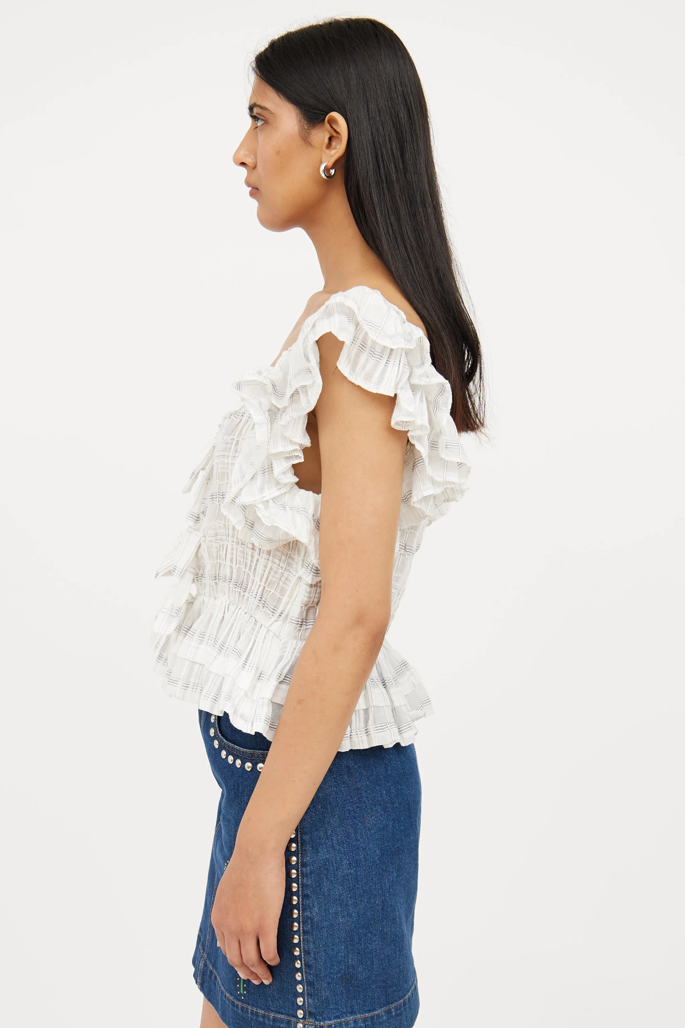White & Grey Plaid Ruffle Top